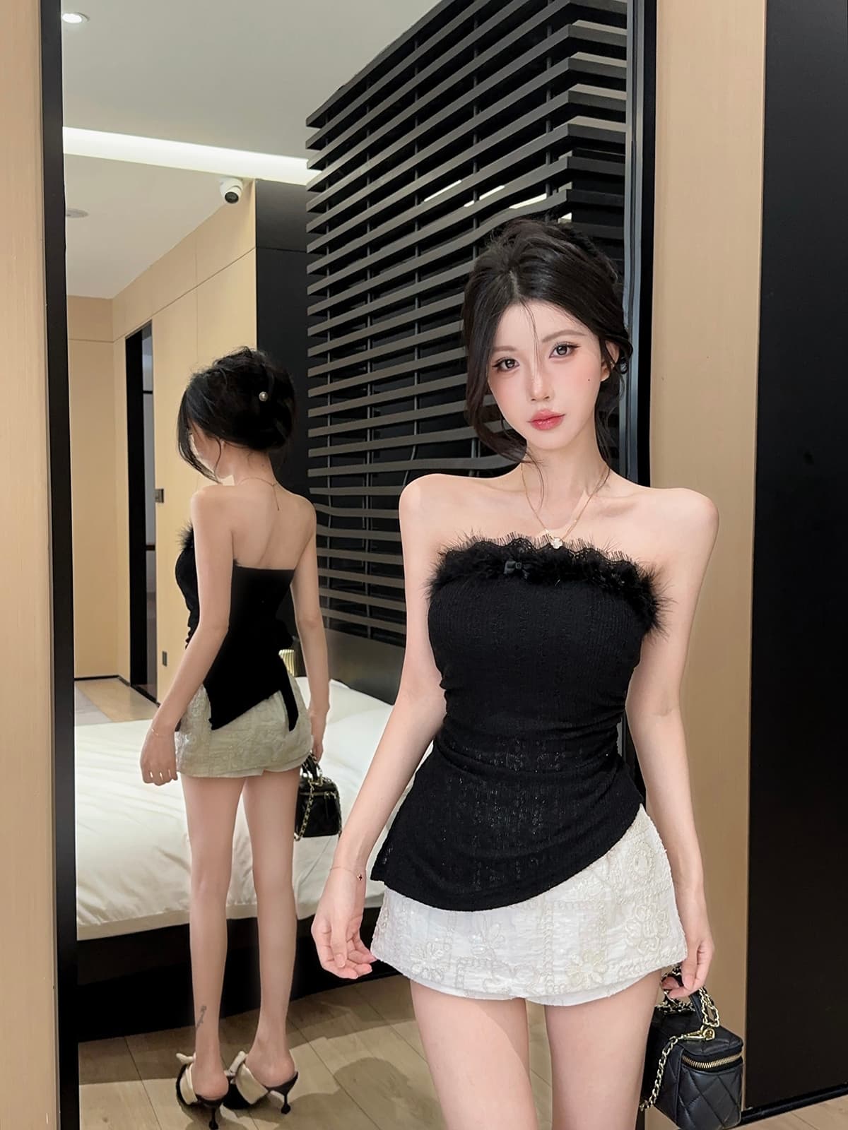 실사 정가 부드러운 모피 철자 레이스 레이스 스트랩 순수한 욕망 튜브탑 빛 럭셔리 자수 미니 스커트 여성 봄 세트 상세 이미지 16