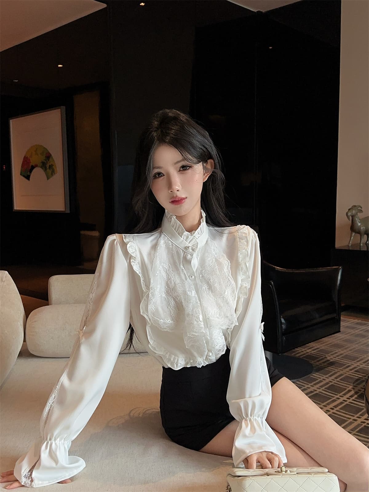 실사 정가 궁정 품격 프릴 레이스 홀로우 아웃 패치워크 새틴 셔츠 맨위 여성 봄 긴팔 상세 이미지 2