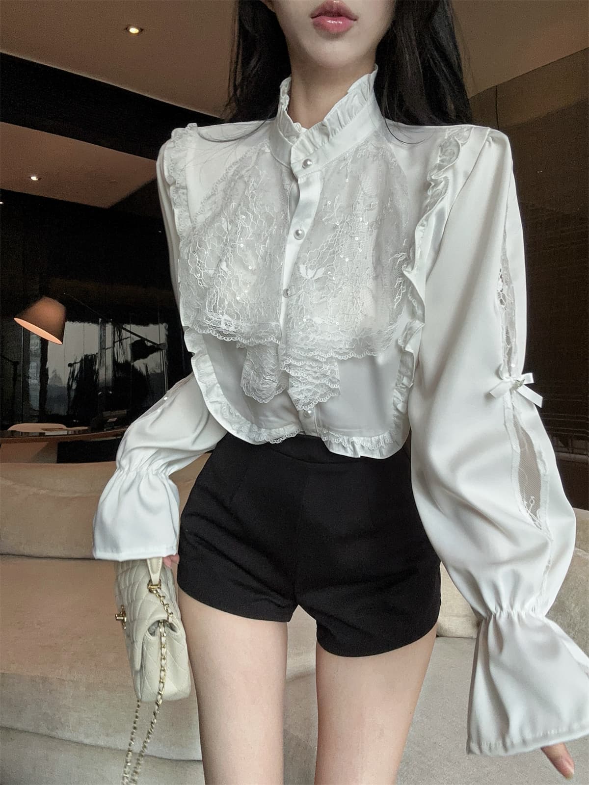 실사 정가 궁정 품격 프릴 레이스 홀로우 아웃 패치워크 새틴 셔츠 맨위 여성 봄 긴팔 상세 이미지 4