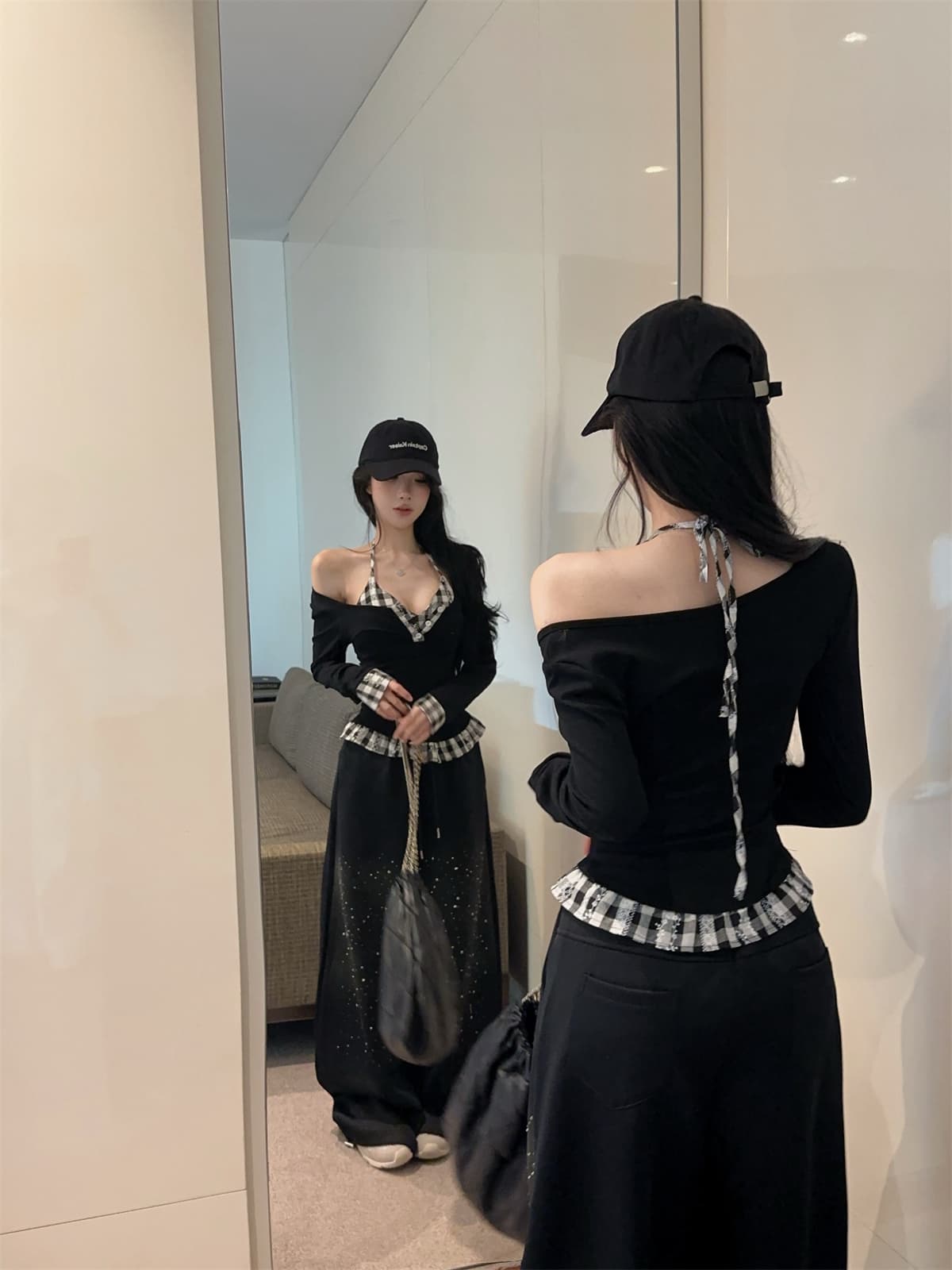 실사 정가 달콤한 차가운 패치워크 레트로 체크무늬 슬림해 보이는 행침 목 슬립 긴 소매 티셔츠 투피스 세트 프랑스식 맨위 여성 가을 상세 이미지 8