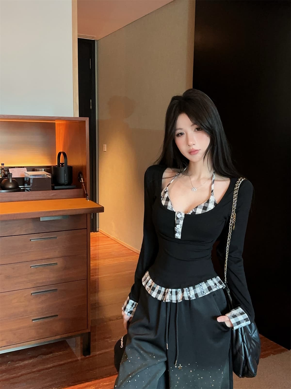 실사 정가 달콤한 차가운 패치워크 레트로 체크무늬 슬림해 보이는 행침 목 슬립 긴 소매 티셔츠 투피스 세트 프랑스식 맨위 여성 가을 상세 이미지 11