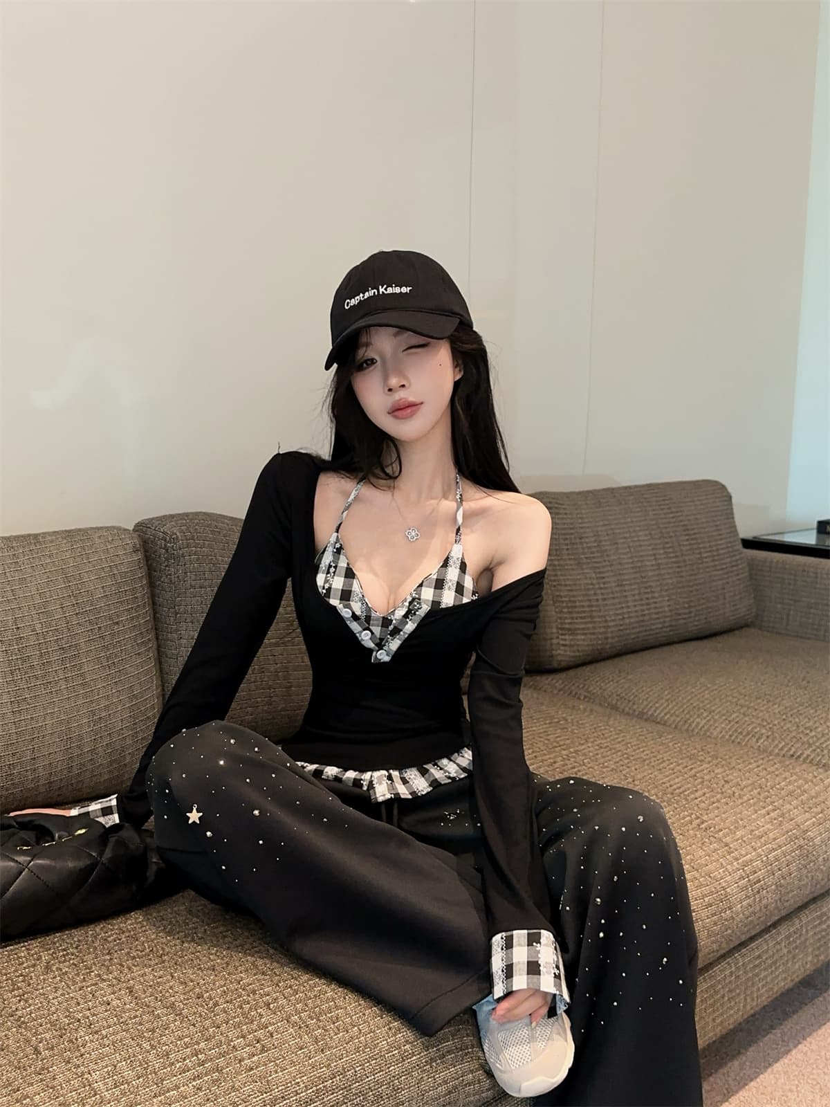 실사 정가 달콤한 차가운 패치워크 레트로 체크무늬 슬림해 보이는 행침 목 슬립 긴 소매 티셔츠 투피스 세트 프랑스식 맨위 여성 가을 상세 이미지 12