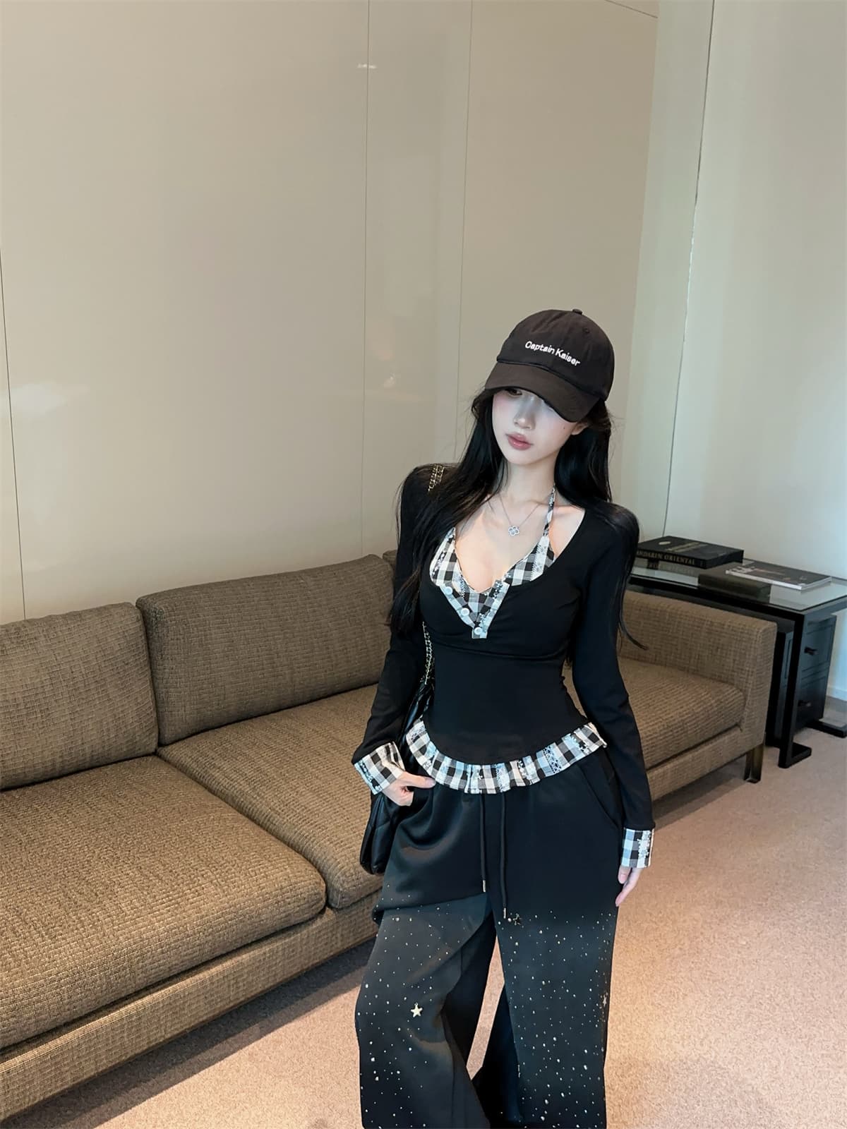 실사 정가 달콤한 차가운 패치워크 레트로 체크무늬 슬림해 보이는 행침 목 슬립 긴 소매 티셔츠 투피스 세트 프랑스식 맨위 여성 가을 상세 이미지 13
