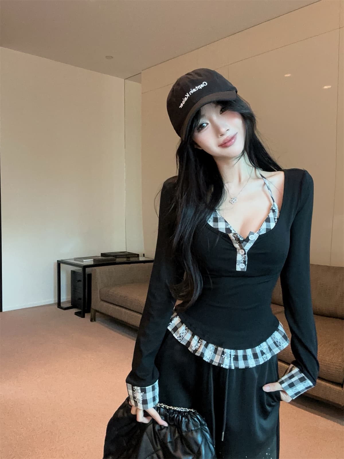 실사 정가 달콤한 차가운 패치워크 레트로 체크무늬 슬림해 보이는 행침 목 슬립 긴 소매 티셔츠 투피스 세트 프랑스식 맨위 여성 가을 상세 이미지 14