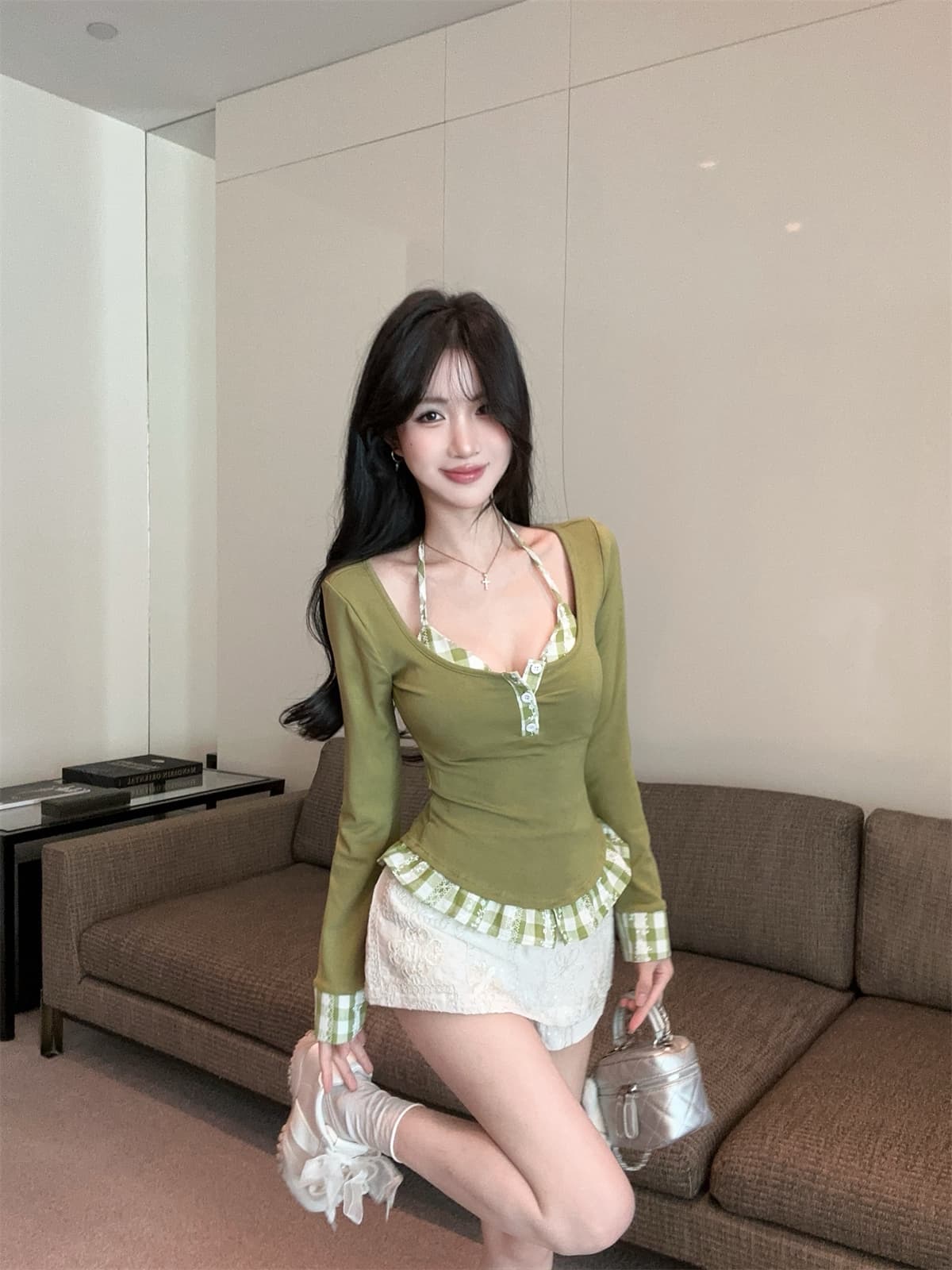 실사 정가 달콤한 차가운 패치워크 레트로 체크무늬 슬림해 보이는 행침 목 슬립 긴 소매 티셔츠 투피스 세트 프랑스식 맨위 여성 가을 상세 이미지 15