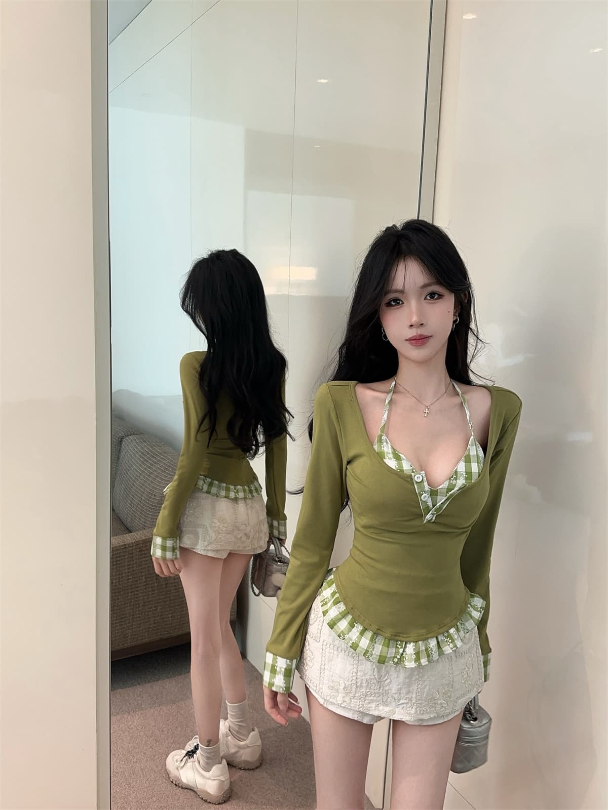 실사 정가 달콤한 차가운 패치워크 레트로 체크무늬 슬림해 보이는 행침 목 슬립 긴 소매 티셔츠 투피스 세트 프랑스식 맨위 여성 가을 상세 이미지 16
