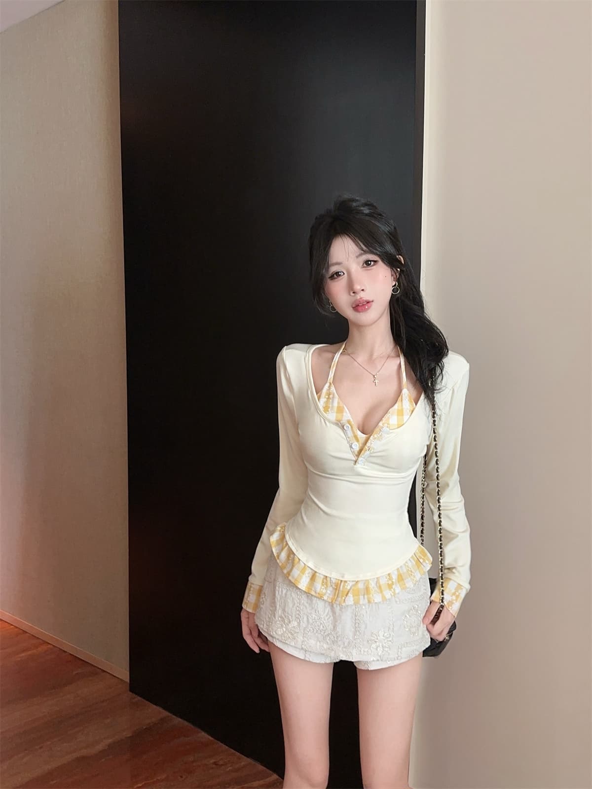 실사 정가 달콤한 차가운 패치워크 레트로 체크무늬 슬림해 보이는 행침 목 슬립 긴 소매 티셔츠 투피스 세트 프랑스식 맨위 여성 가을 상세 이미지 1
