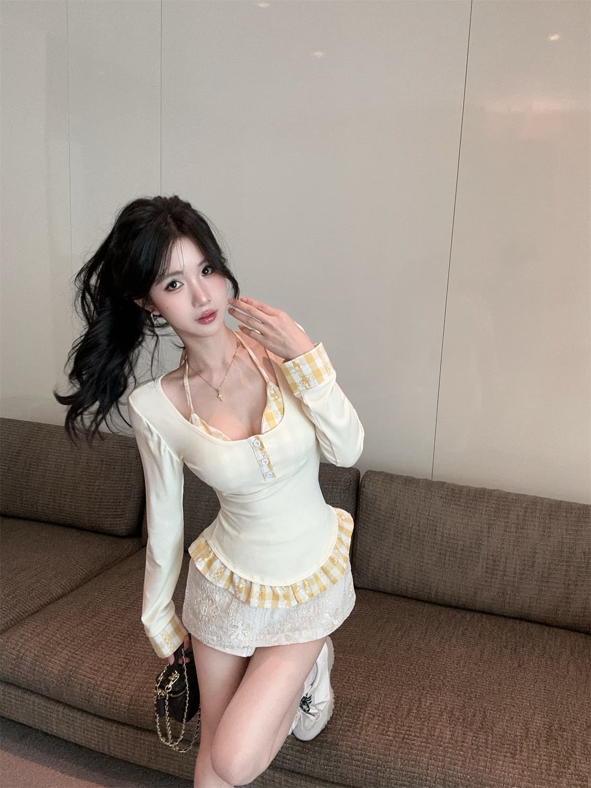 실사 정가 달콤한 차가운 패치워크 레트로 체크무늬 슬림해 보이는 행침 목 슬립 긴 소매 티셔츠 투피스 세트 프랑스식 맨위 여성 가을 상세 이미지 2