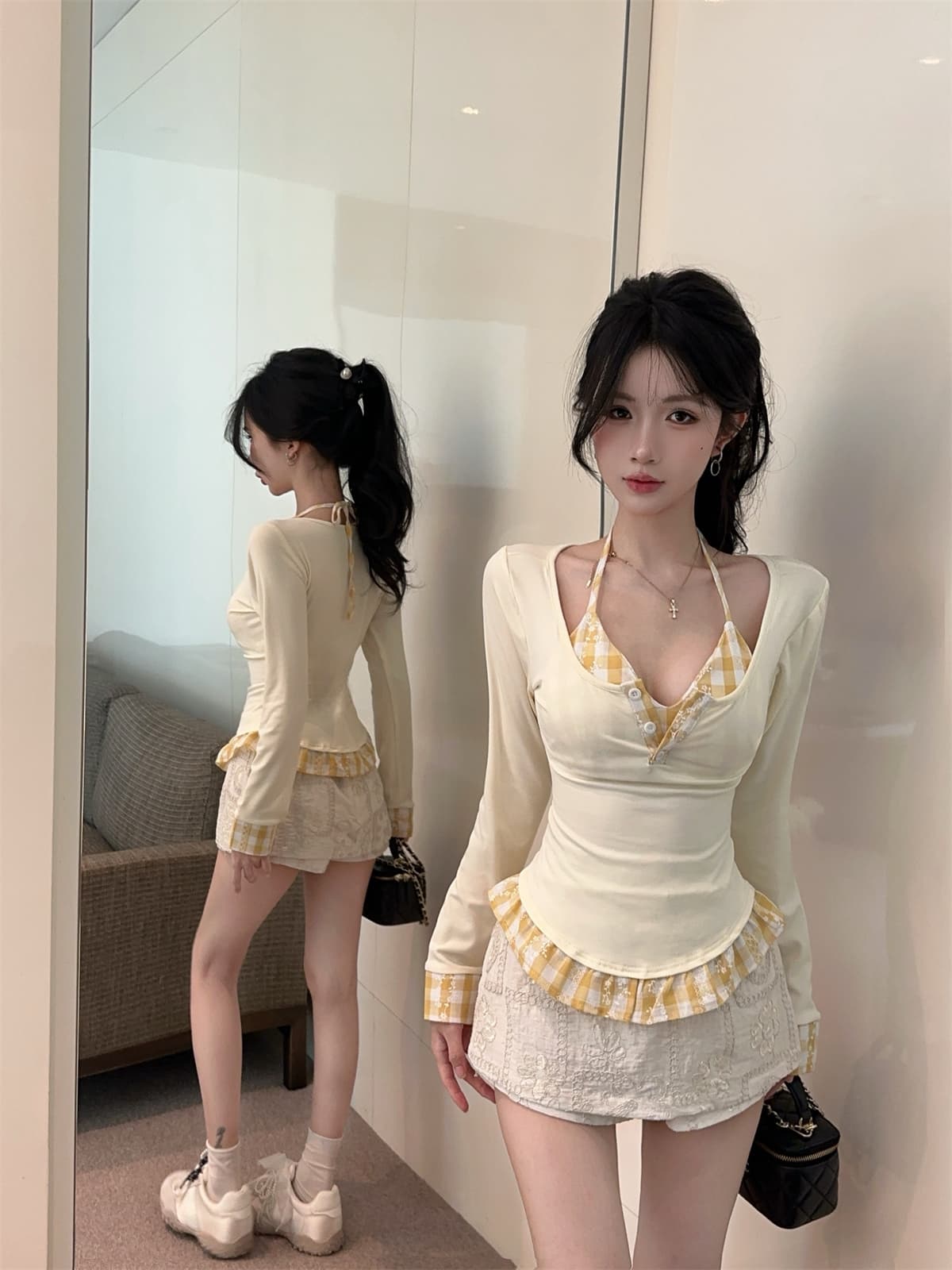 실사 정가 달콤한 차가운 패치워크 레트로 체크무늬 슬림해 보이는 행침 목 슬립 긴 소매 티셔츠 투피스 세트 프랑스식 맨위 여성 가을 상세 이미지 3