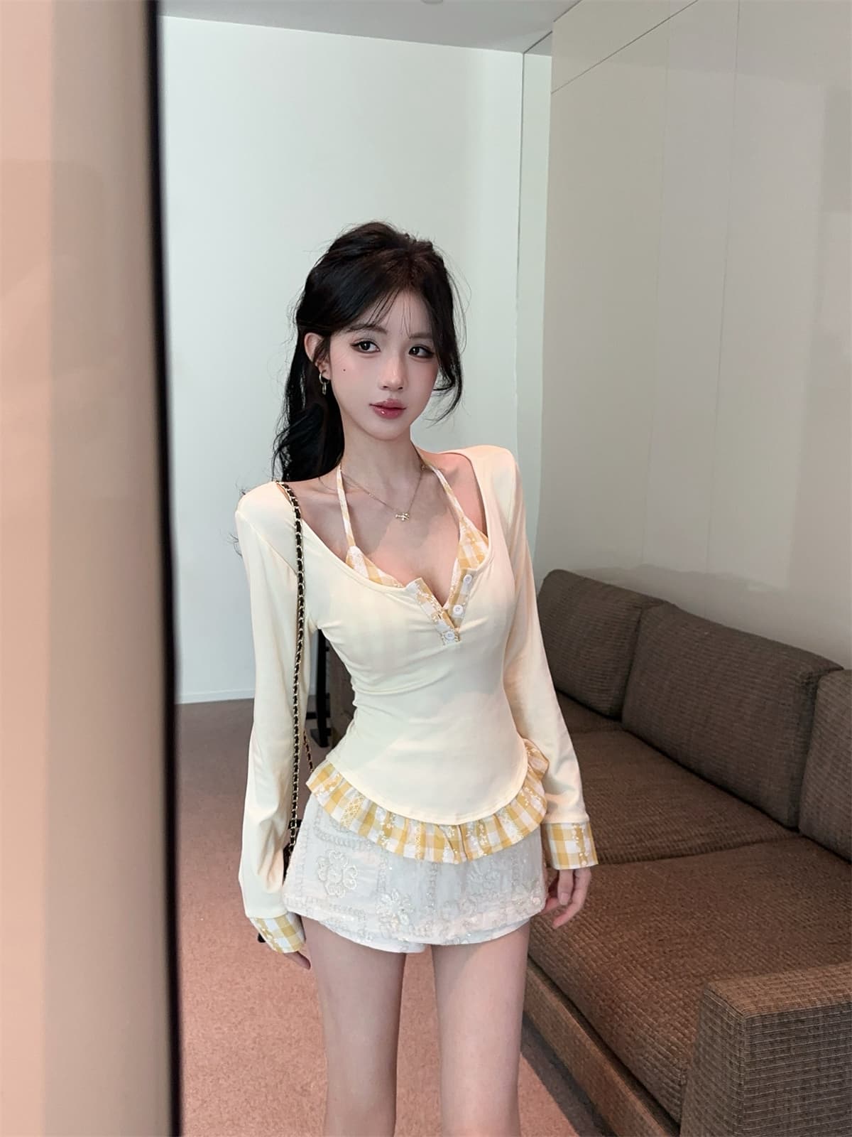 실사 정가 달콤한 차가운 패치워크 레트로 체크무늬 슬림해 보이는 행침 목 슬립 긴 소매 티셔츠 투피스 세트 프랑스식 맨위 여성 가을 상세 이미지 6