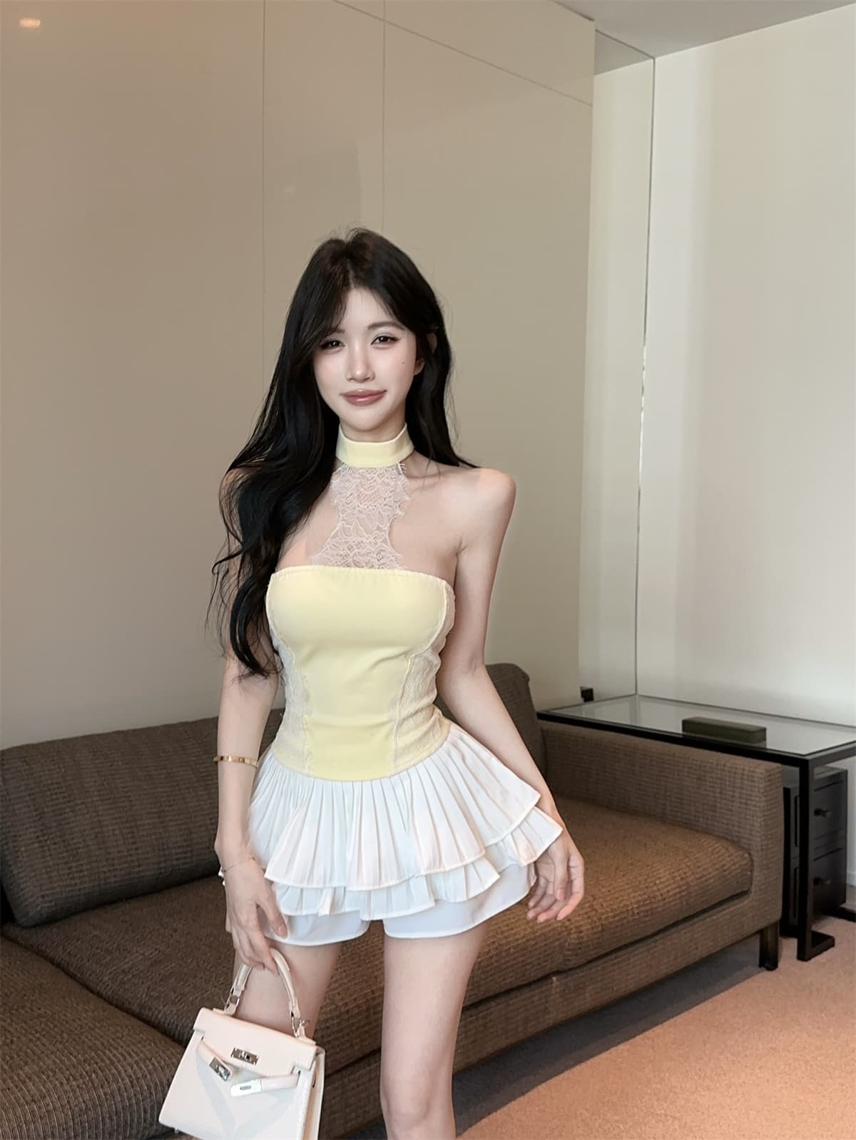 실사 정가 행침 목 속눈썹 레이스 조각 순수한 욕망 튜브탑 맨위 벨트 반바지 여성 봄 패션 세트 상세 이미지 9