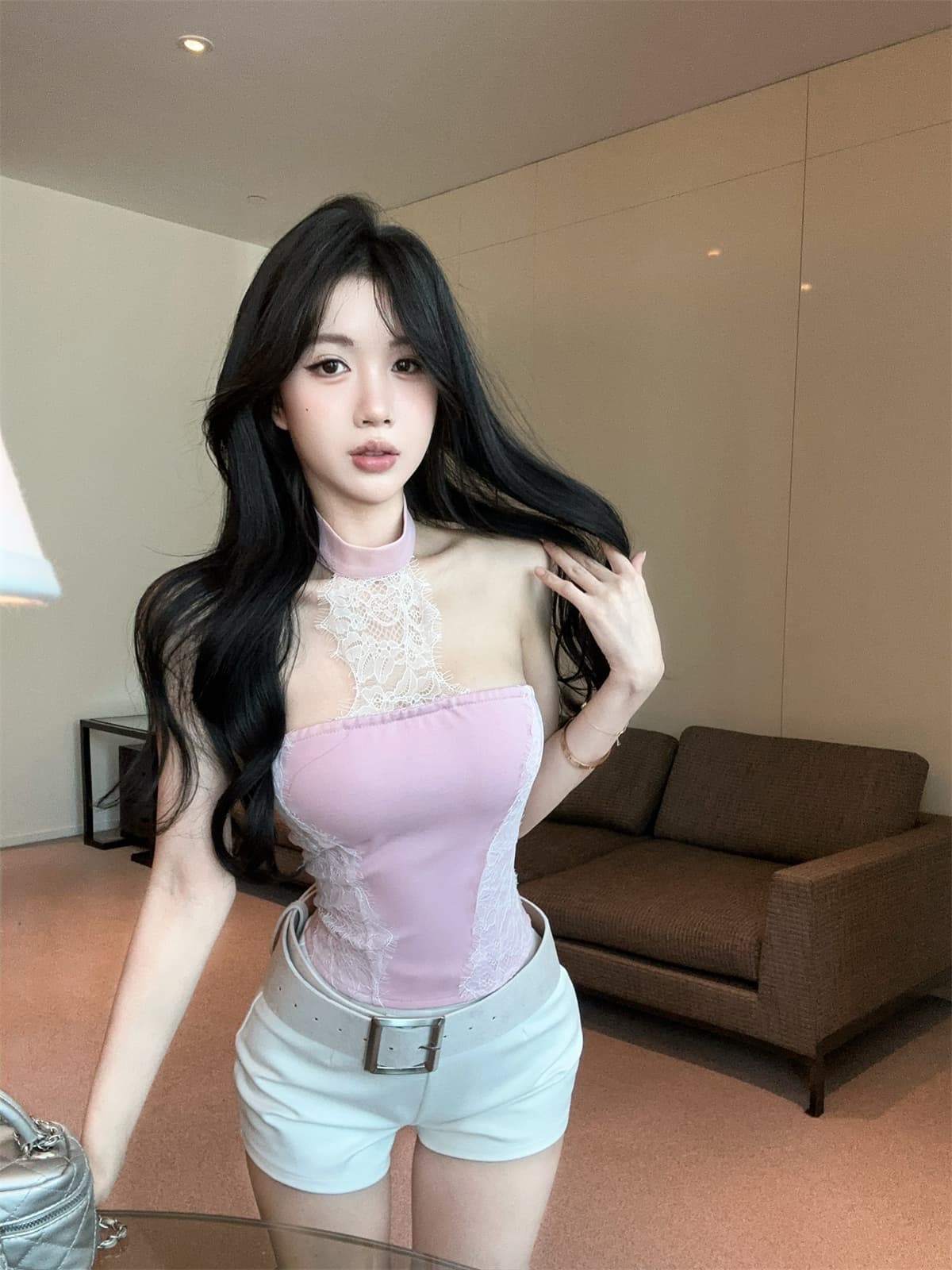 실사 정가 행침 목 속눈썹 레이스 조각 순수한 욕망 튜브탑 맨위 벨트 반바지 여성 봄 패션 세트 상세 이미지 13
