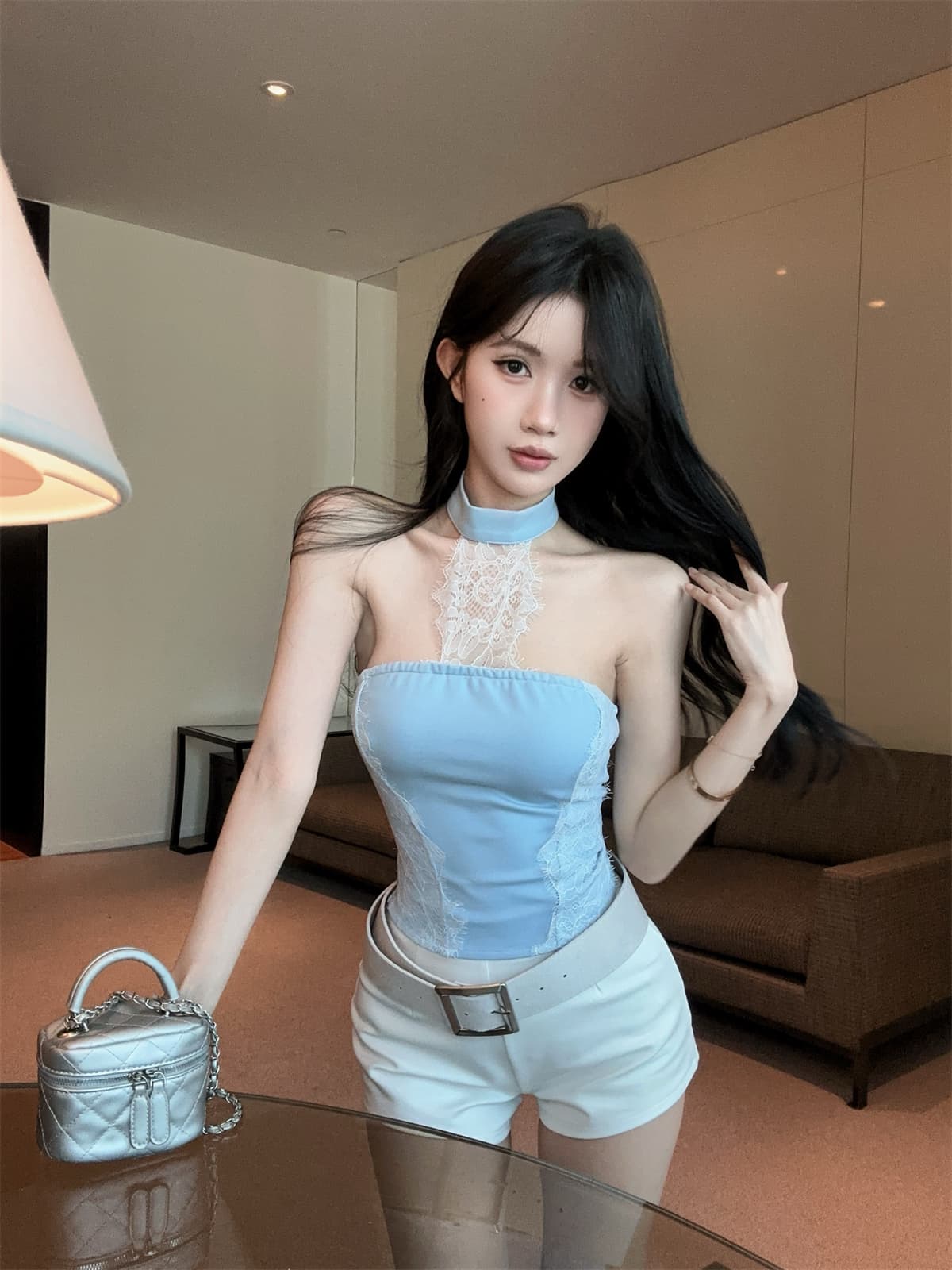 실사 정가 행침 목 속눈썹 레이스 조각 순수한 욕망 튜브탑 맨위 벨트 반바지 여성 봄 패션 세트 상세 이미지 15