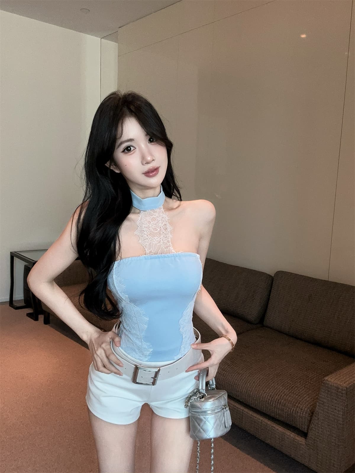 실사 정가 행침 목 속눈썹 레이스 조각 순수한 욕망 튜브탑 맨위 벨트 반바지 여성 봄 패션 세트 상세 이미지 16