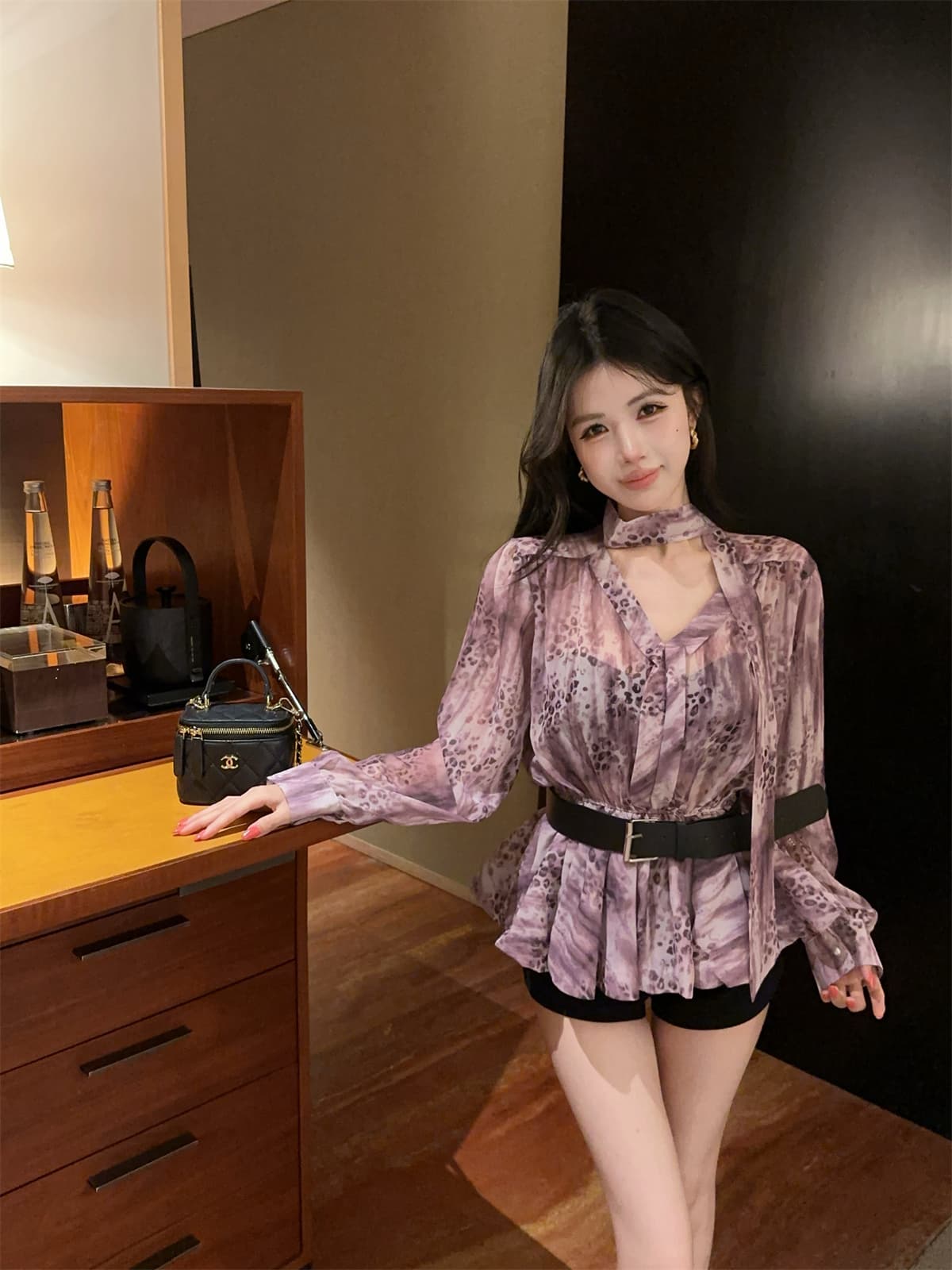 실사 정가 꽃무늬 버블 긴팔 프랑스식 여성 셔츠 봄 레이스업 나비 매듭 쉬폰 블라우스 벨트 포함 상세 이미지 1