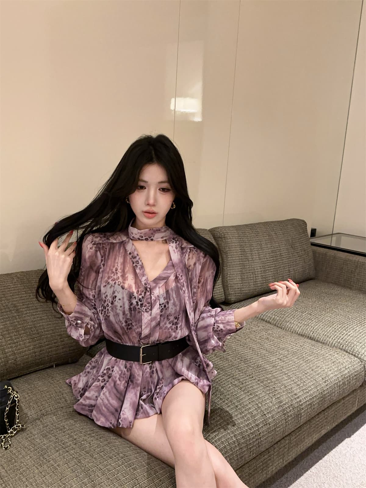 실사 정가 꽃무늬 버블 긴팔 프랑스식 여성 셔츠 봄 레이스업 나비 매듭 쉬폰 블라우스 벨트 포함 상세 이미지 3