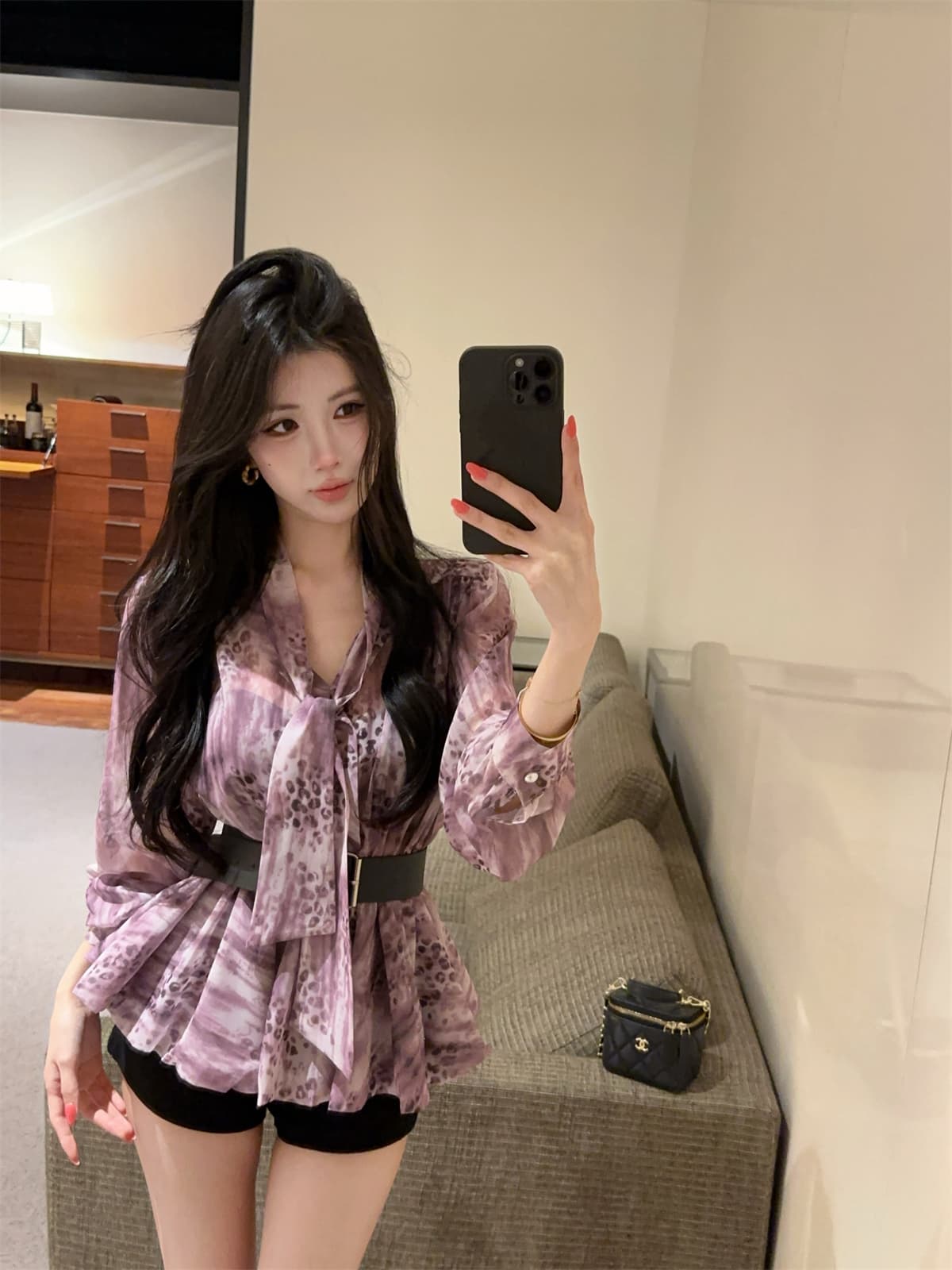실사 정가 꽃무늬 버블 긴팔 프랑스식 여성 셔츠 봄 레이스업 나비 매듭 쉬폰 블라우스 벨트 포함 상세 이미지 7