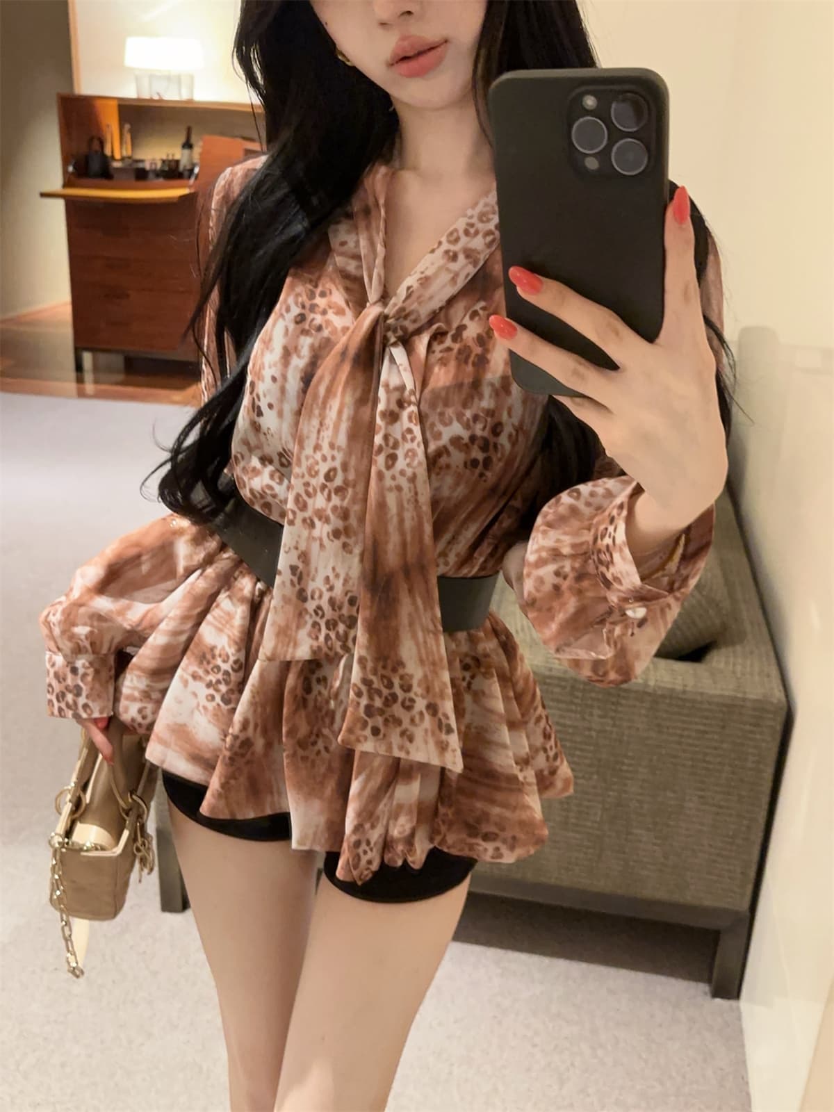 실사 정가 꽃무늬 버블 긴팔 프랑스식 여성 셔츠 봄 레이스업 나비 매듭 쉬폰 블라우스 벨트 포함 상세 이미지 8