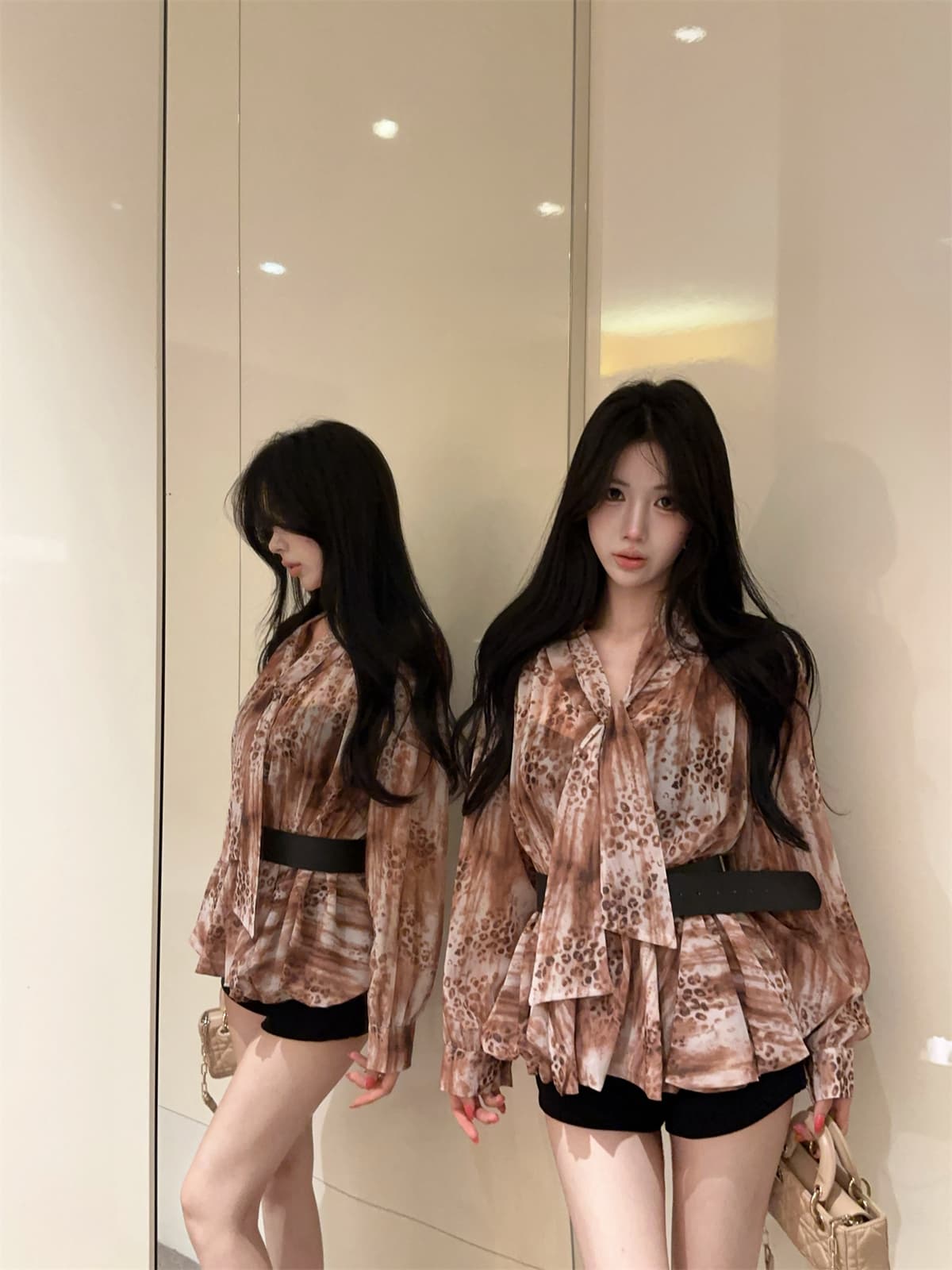 실사 정가 꽃무늬 버블 긴팔 프랑스식 여성 셔츠 봄 레이스업 나비 매듭 쉬폰 블라우스 벨트 포함 상세 이미지 9