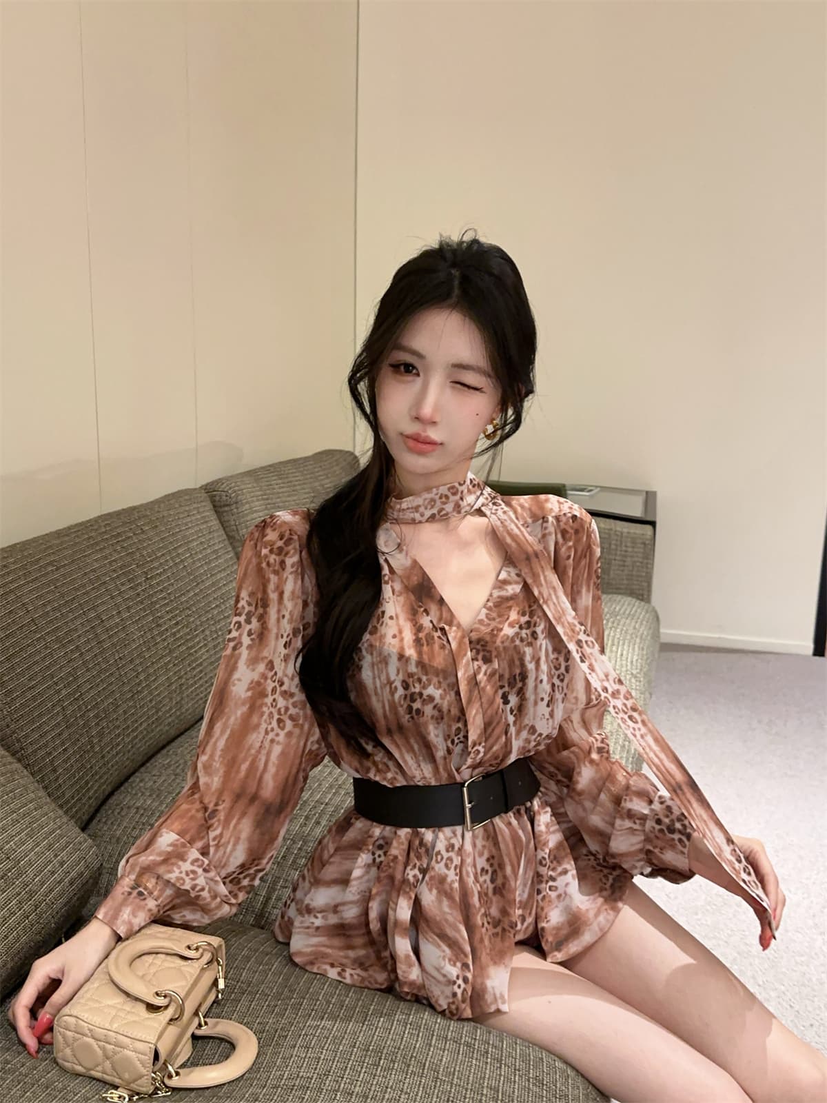실사 정가 꽃무늬 버블 긴팔 프랑스식 여성 셔츠 봄 레이스업 나비 매듭 쉬폰 블라우스 벨트 포함 상세 이미지 12