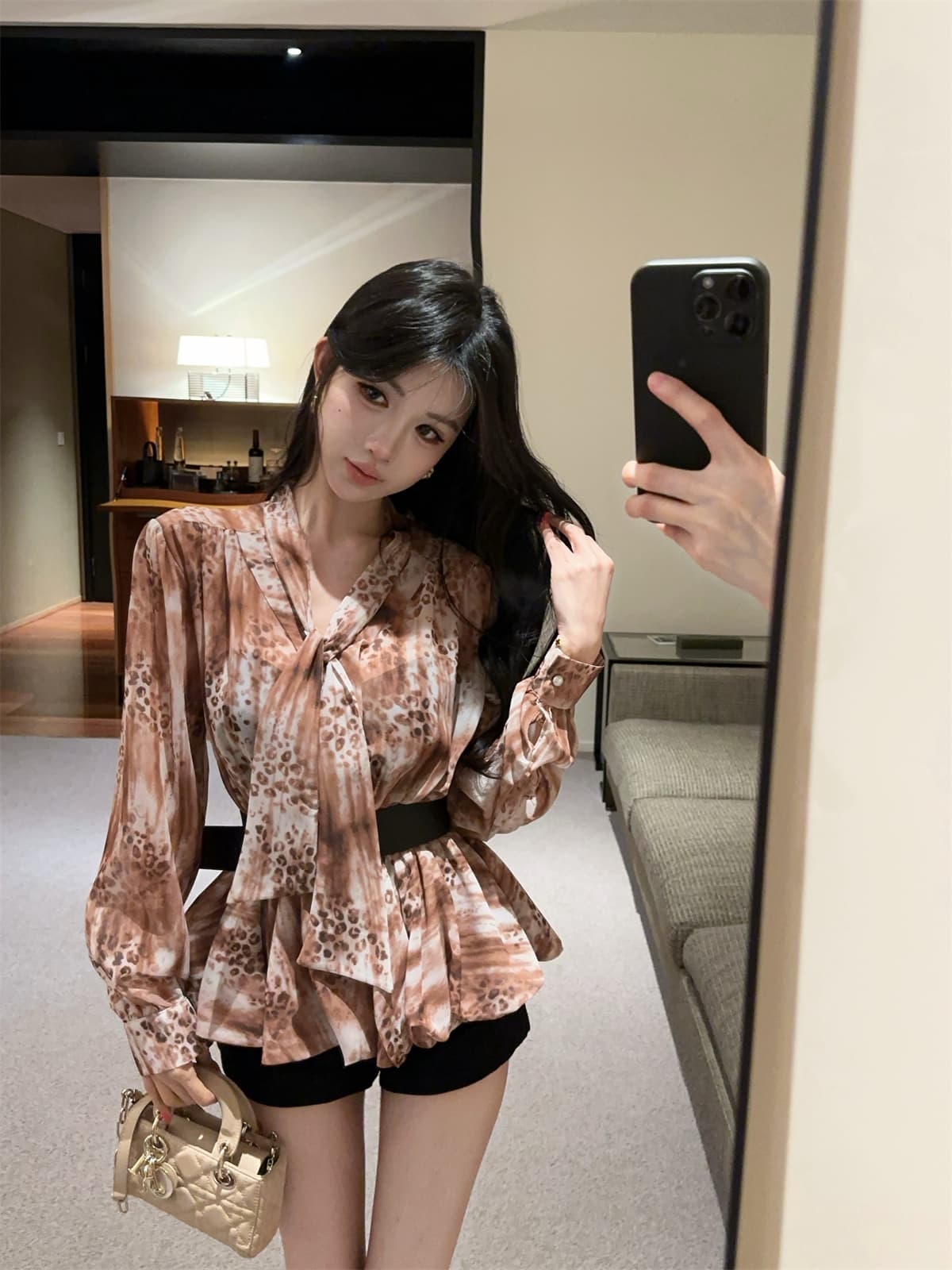 실사 정가 꽃무늬 버블 긴팔 프랑스식 여성 셔츠 봄 레이스업 나비 매듭 쉬폰 블라우스 벨트 포함 상세 이미지 15