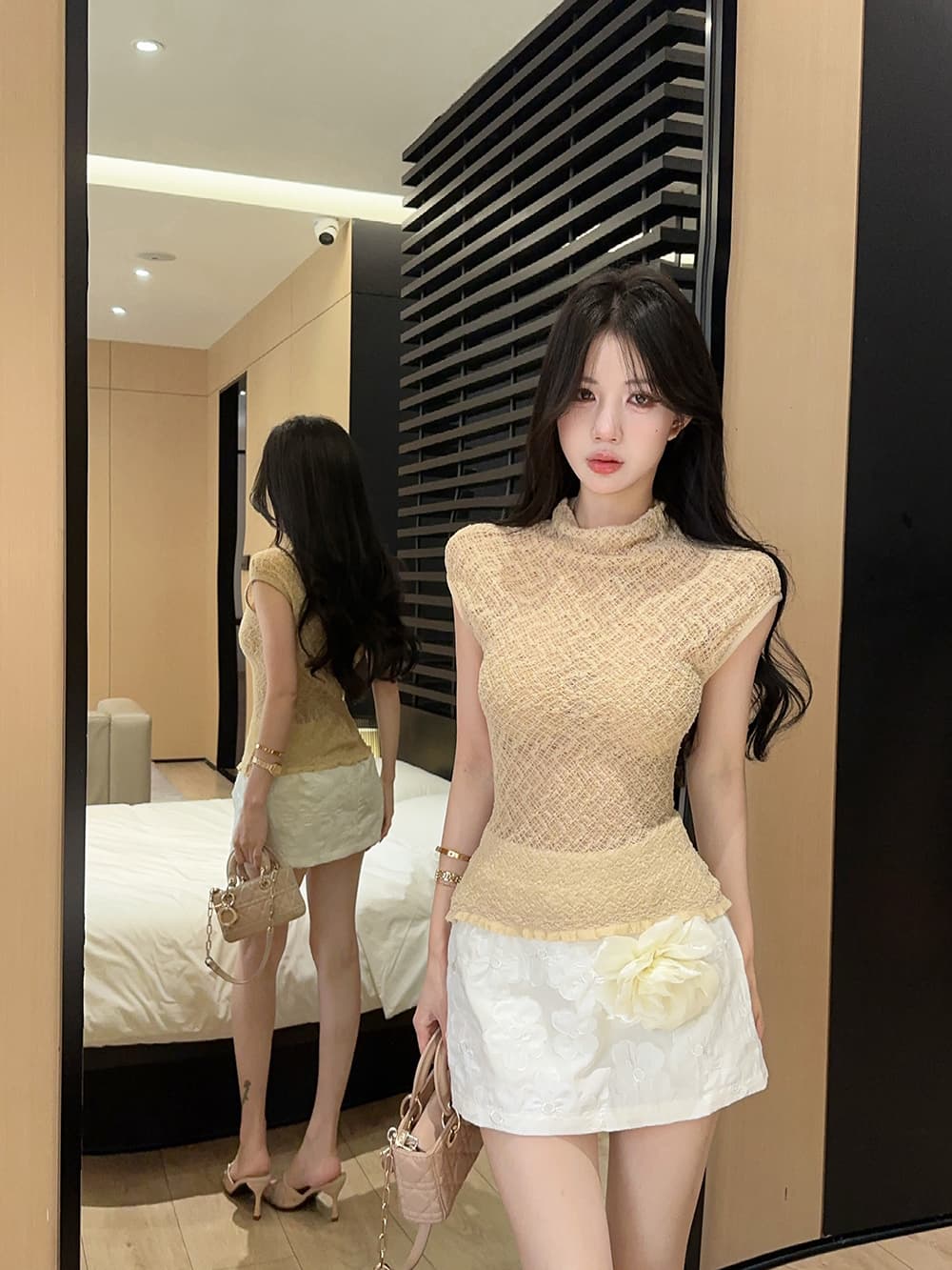 실사 정가 와일드 우아함 레이스 메시 그리드 맨위 반팔 다용도 여름 상세 이미지 1