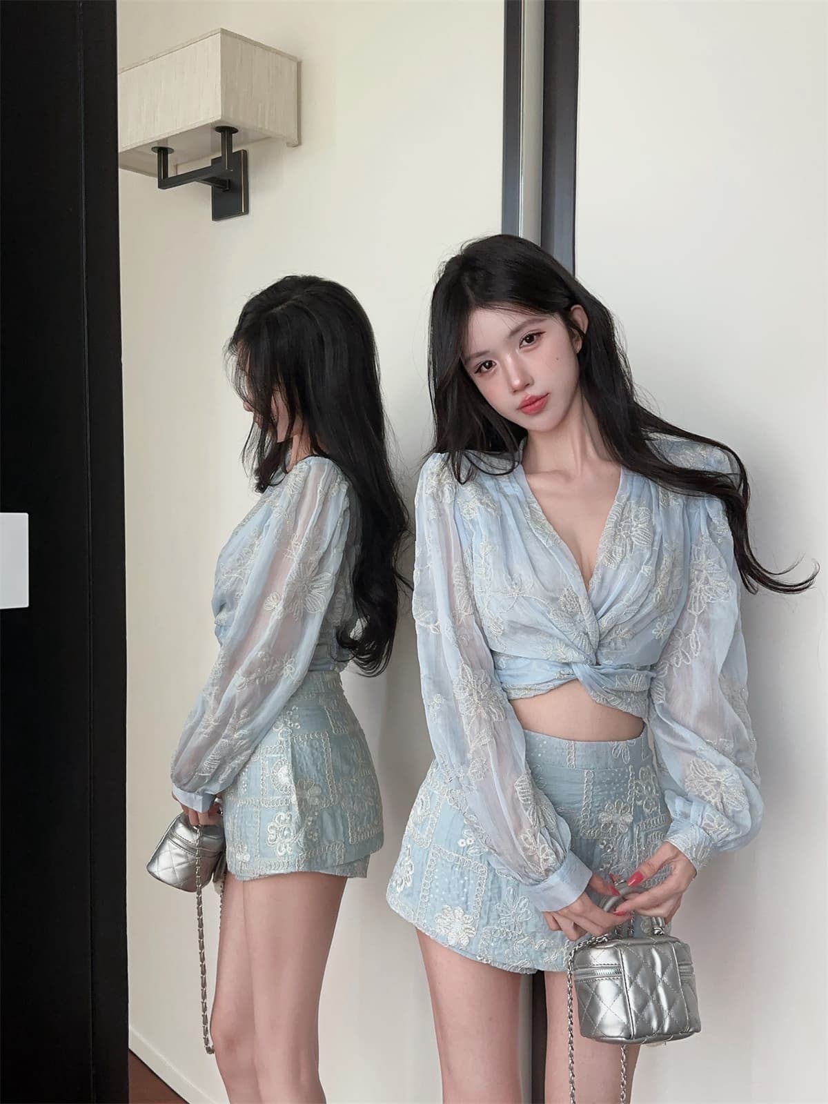실사 정가 순수한 욕망 V넥 비틀림 디자인 벌룬 소매 프랑스식 맨위 자수 하이웨이스트 미니 스커트 여성 가을 세트 상세 이미지 18