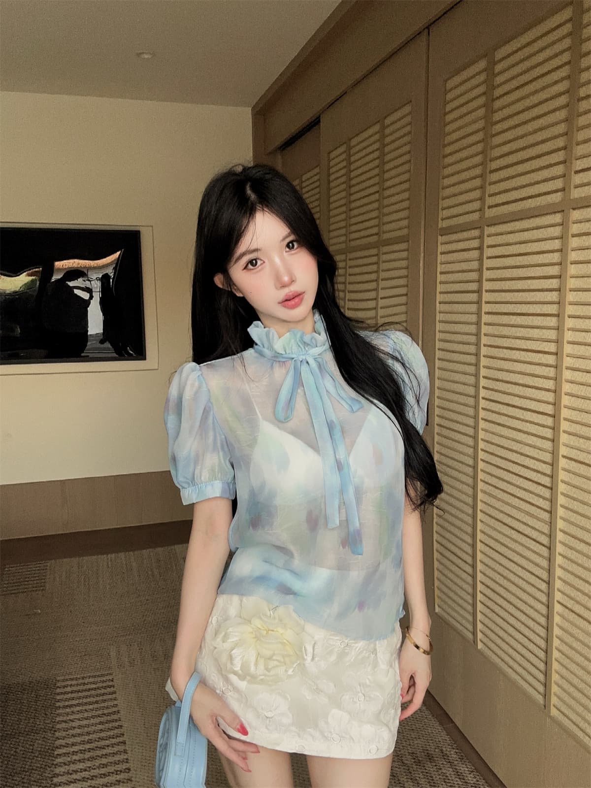 실사 정가 달콤함 데이트 프린트 거품 소매 레이스업 맨위 대 꽃 자수 미니 스커트 여성 가을 세트 상세 이미지 2