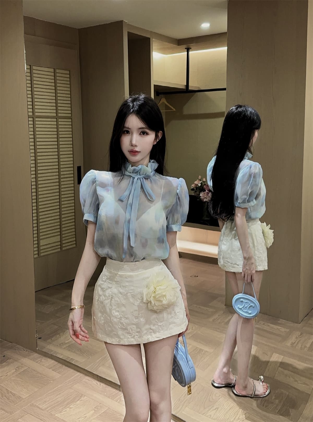 실사 정가 달콤함 데이트 프린트 거품 소매 레이스업 맨위 대 꽃 자수 미니 스커트 여성 가을 세트 상세 이미지 5
