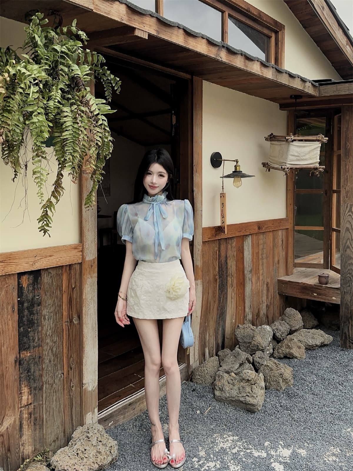 실사 정가 달콤함 데이트 프린트 거품 소매 레이스업 맨위 대 꽃 자수 미니 스커트 여성 가을 세트 상세 이미지 6