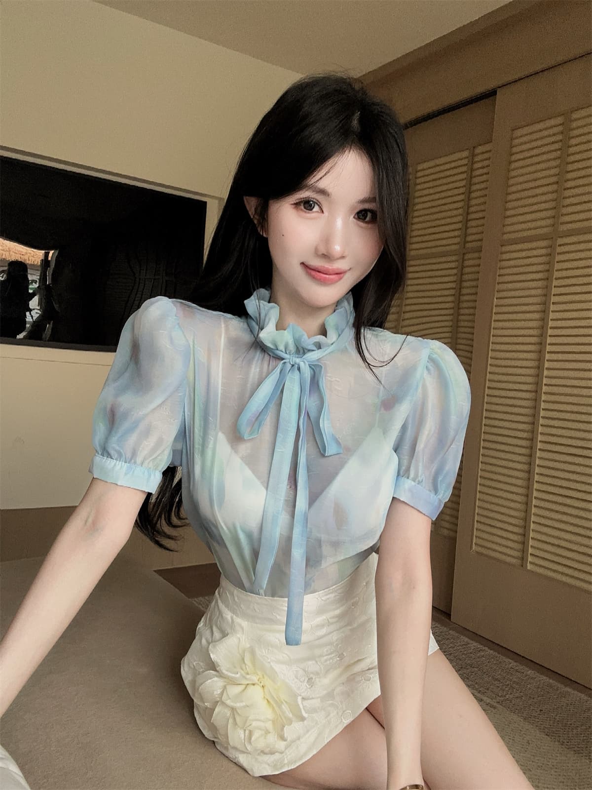 실사 정가 달콤함 데이트 프린트 거품 소매 레이스업 맨위 대 꽃 자수 미니 스커트 여성 가을 세트 상세 이미지 7