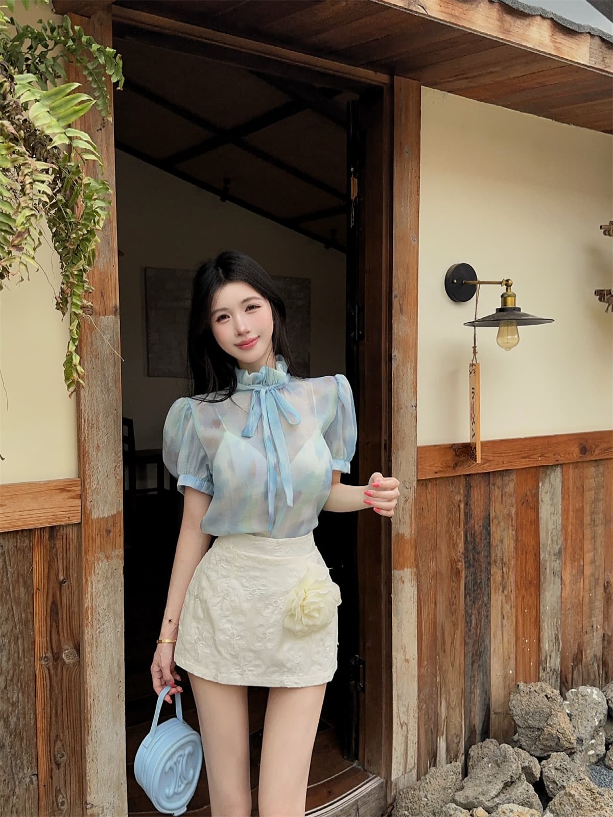 실사 정가 달콤함 데이트 프린트 거품 소매 레이스업 맨위 대 꽃 자수 미니 스커트 여성 가을 세트 상세 이미지 8