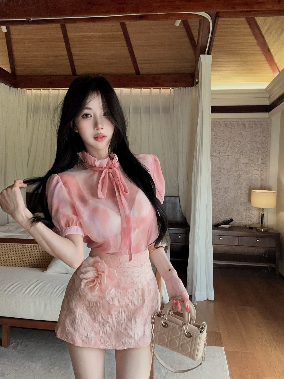 실사 정가 달콤함 데이트 프린트 거품 소매 레이스업 맨위 대 꽃 자수 미니 스커트 여성 가을 세트 상세 이미지 10