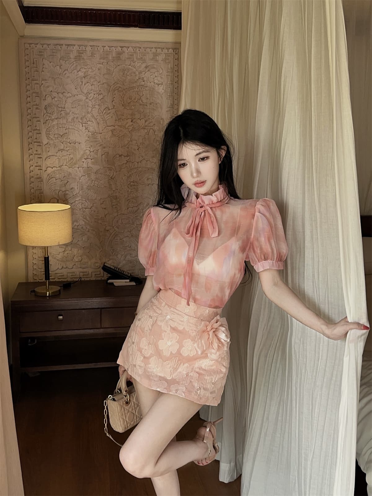 실사 정가 달콤함 데이트 프린트 거품 소매 레이스업 맨위 대 꽃 자수 미니 스커트 여성 가을 세트 상세 이미지 11
