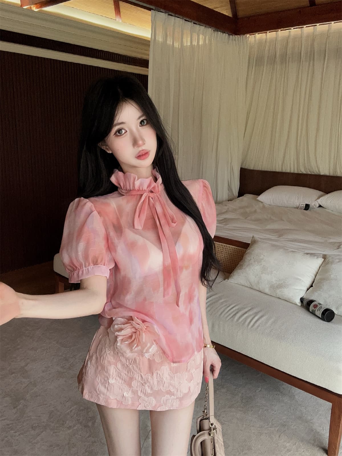 실사 정가 달콤함 데이트 프린트 거품 소매 레이스업 맨위 대 꽃 자수 미니 스커트 여성 가을 세트 상세 이미지 13