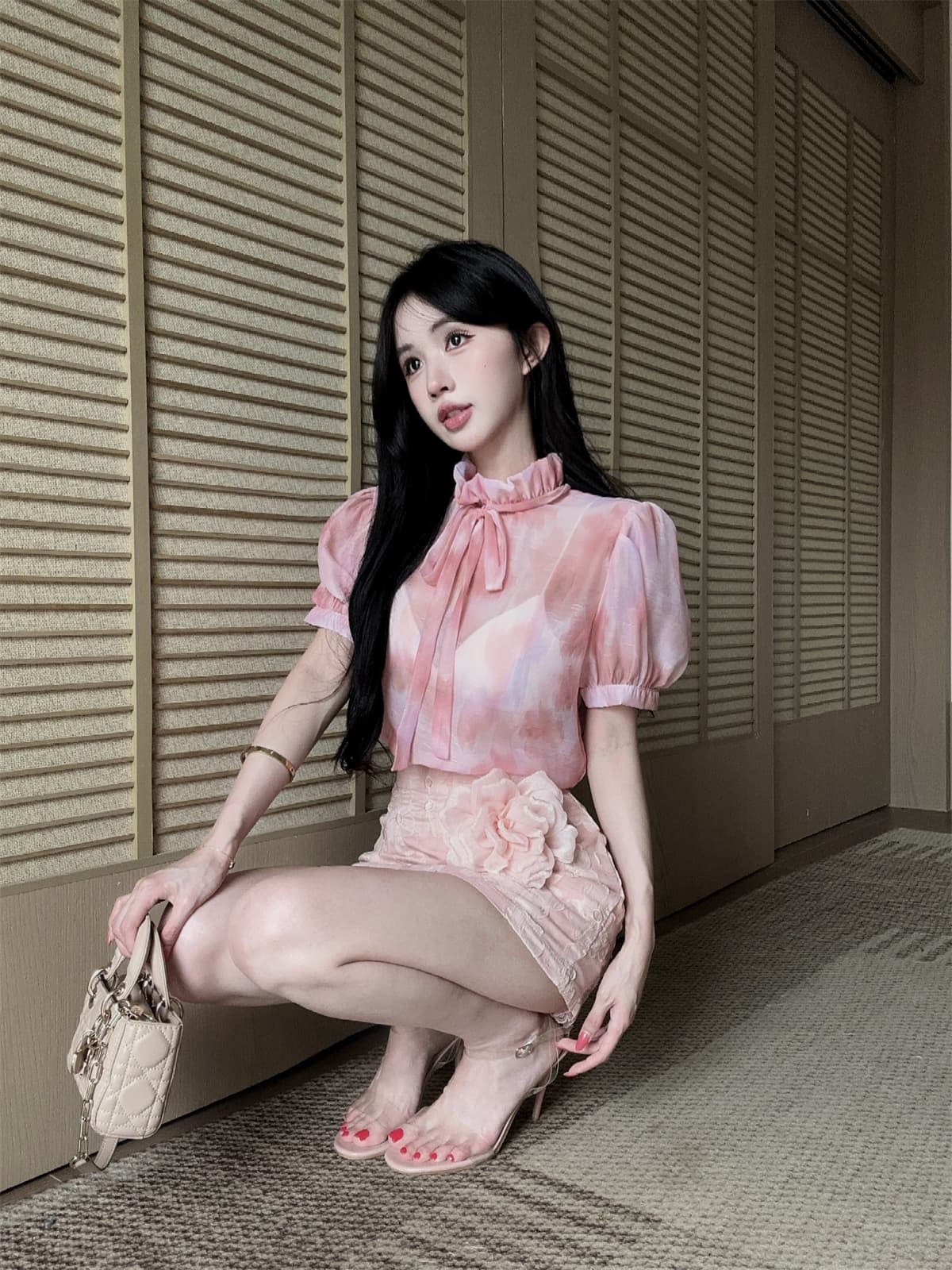 실사 정가 달콤함 데이트 프린트 거품 소매 레이스업 맨위 대 꽃 자수 미니 스커트 여성 가을 세트 상세 이미지 16