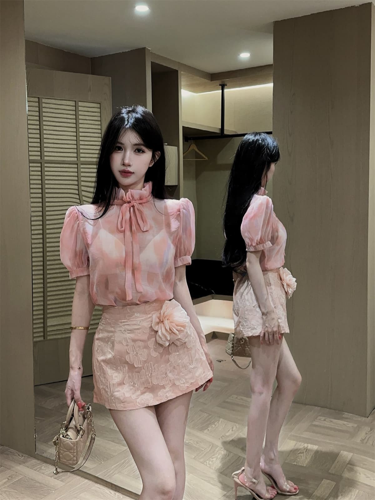 실사 정가 달콤함 데이트 프린트 거품 소매 레이스업 맨위 대 꽃 자수 미니 스커트 여성 가을 세트 상세 이미지 17