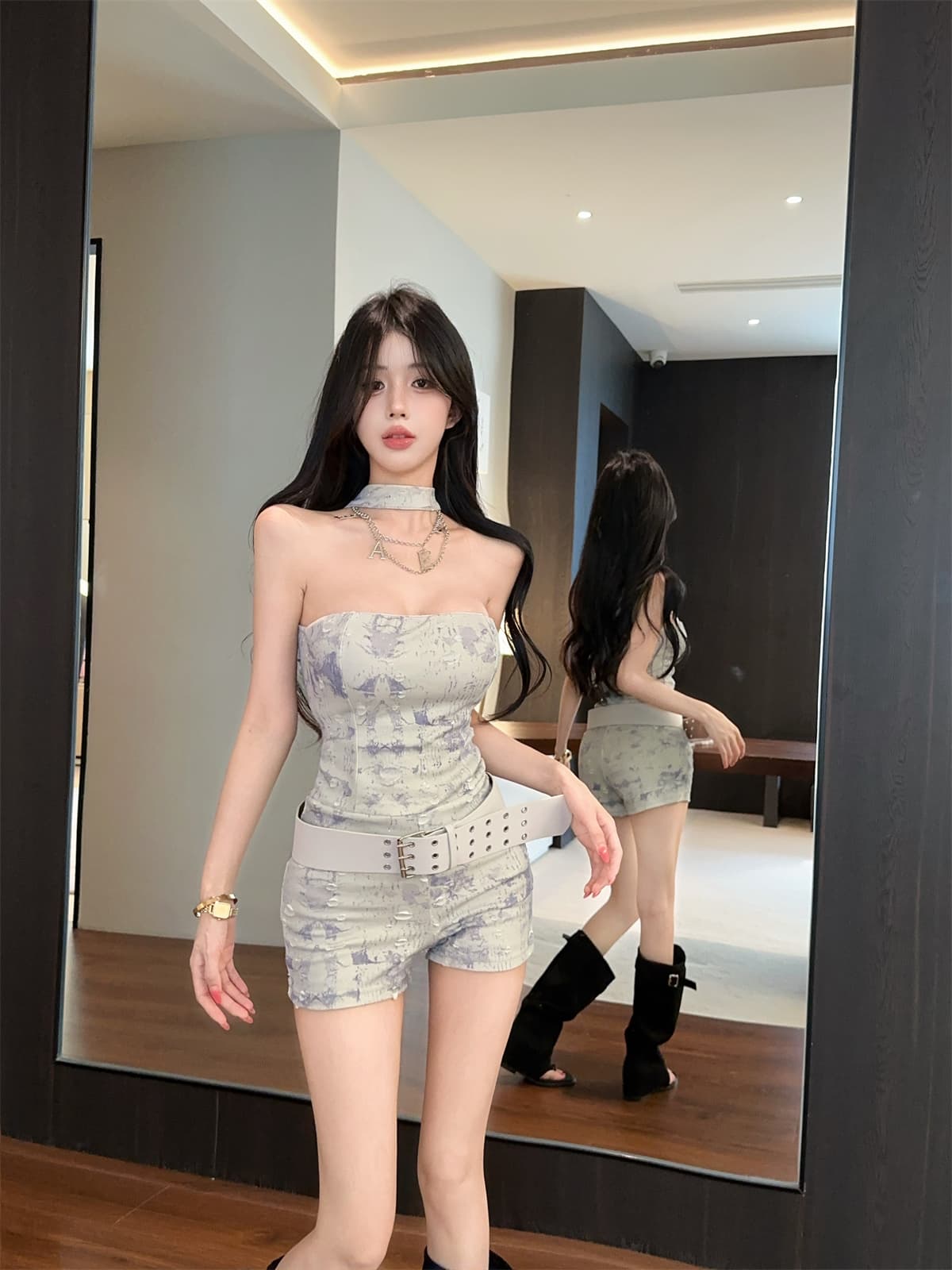실사 정가 달콤한 차가운 행침 목 찢어진 홀치기 염색 다림질 금박 튜브탑 올인원 바지 알파벳 체인 벨트 점프 슈트 반바지 상세 이미지 10