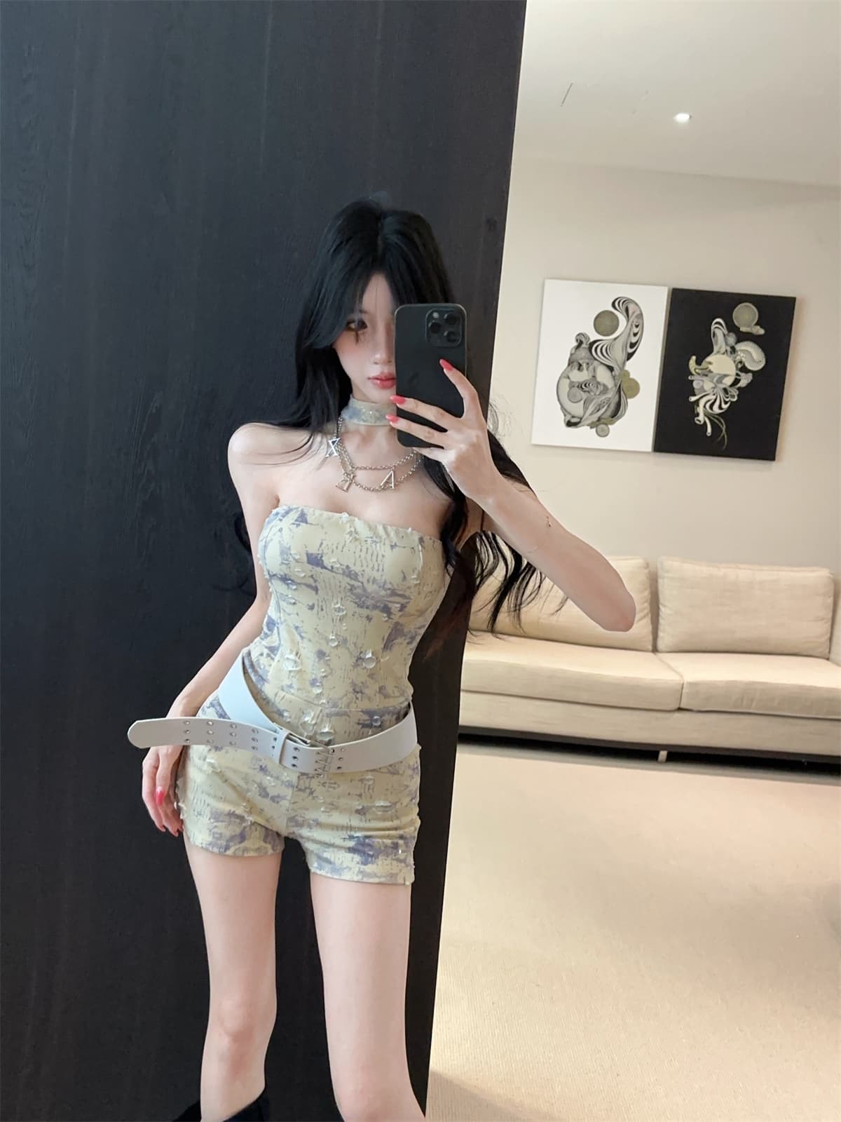 실사 정가 달콤한 차가운 행침 목 찢어진 홀치기 염색 다림질 금박 튜브탑 올인원 바지 알파벳 체인 벨트 점프 슈트 반바지 상세 이미지 20