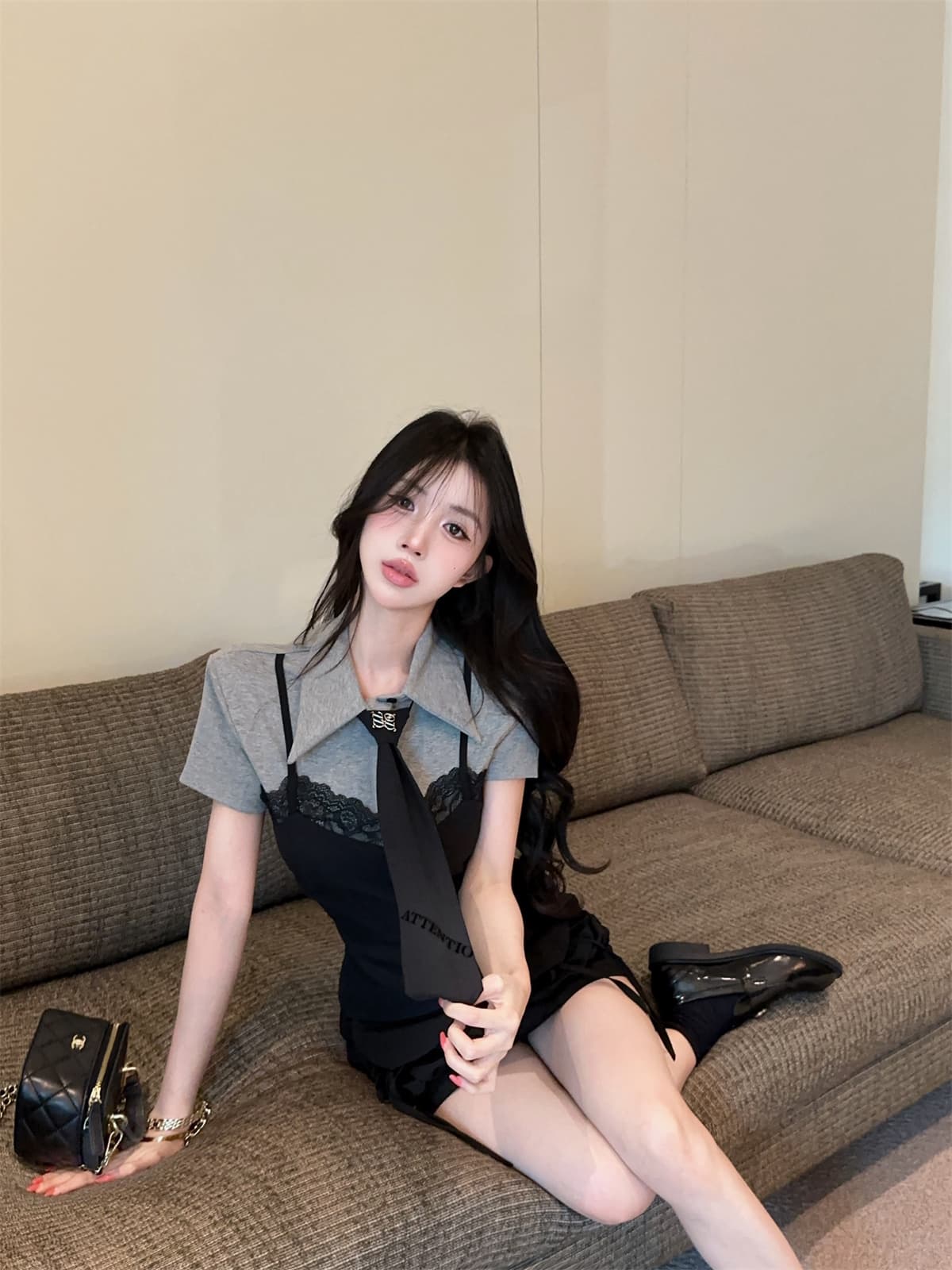 실사 정가 영국식 레이스 슬립 페이크 레이어드 넥타이 학원 맨위 빅 포켓 짧은 치마바지 여성복 상세 이미지 1