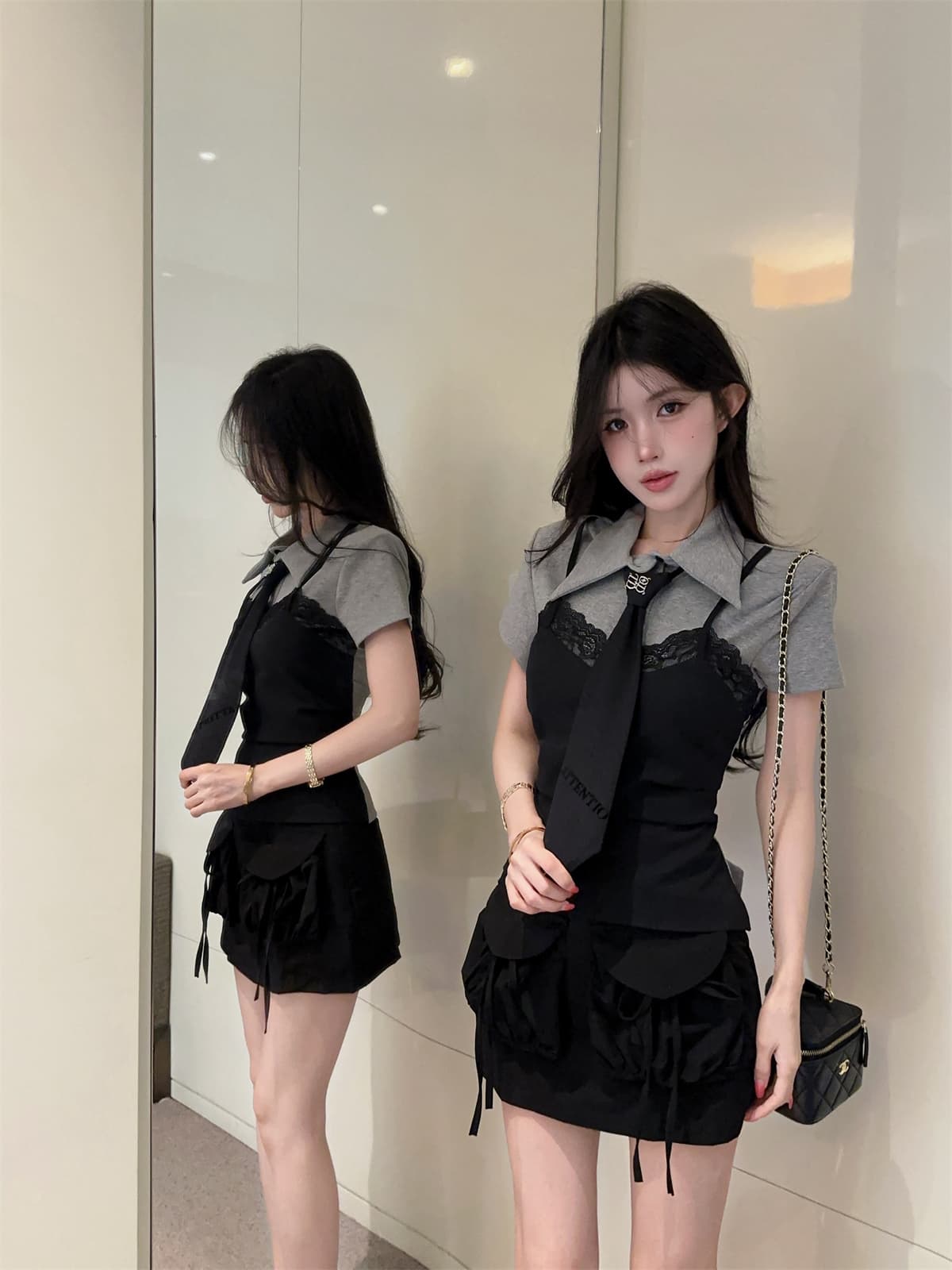 실사 정가 영국식 레이스 슬립 페이크 레이어드 넥타이 학원 맨위 빅 포켓 짧은 치마바지 여성복 상세 이미지 3
