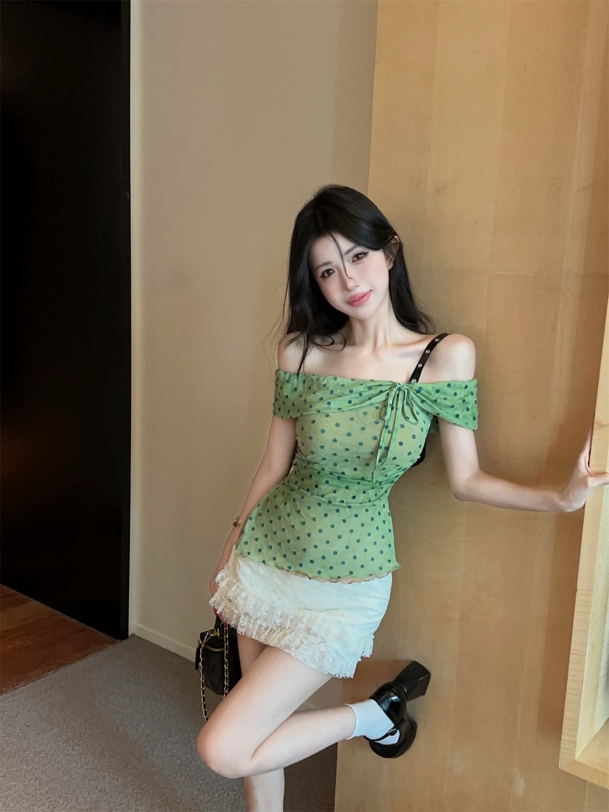 실사 정가 프랑스식 도트 무늬 싸움 가죽 오프숄더 펌프 로프 맨위 레이스 조각 반 스커트 여성 달콤한 매운맛 세트 상세 이미지 4