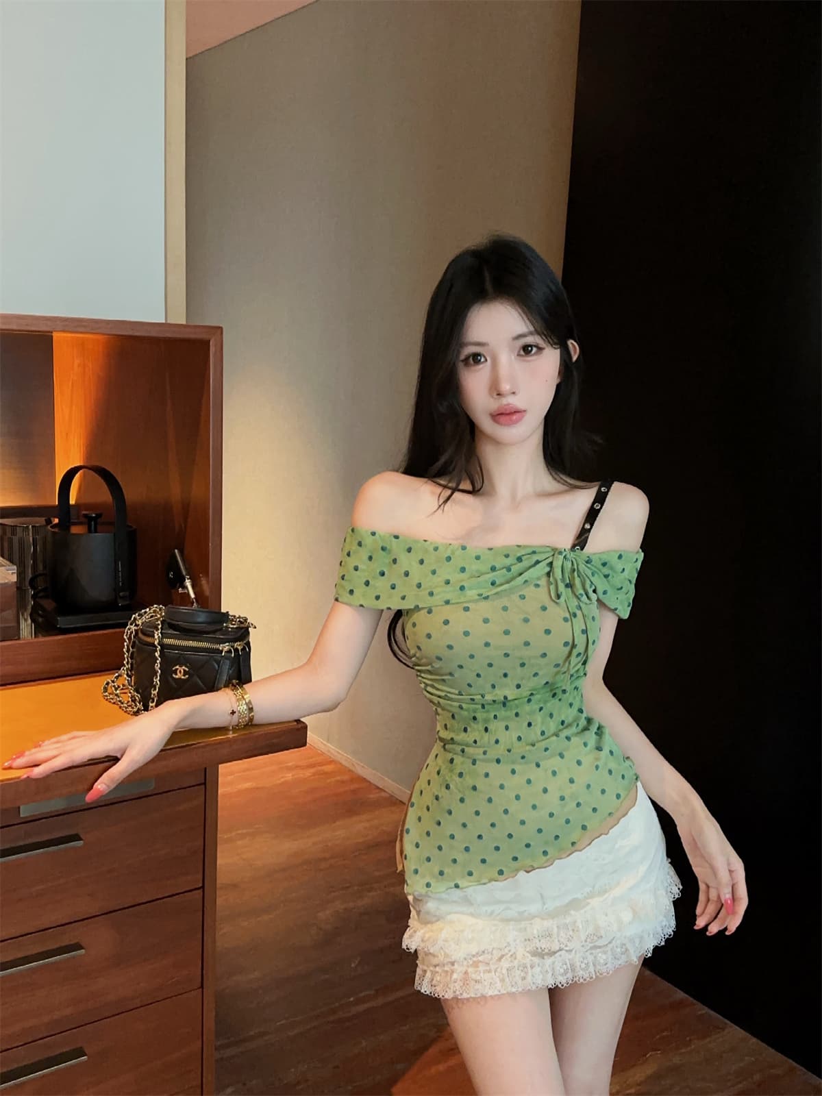 실사 정가 프랑스식 도트 무늬 싸움 가죽 오프숄더 펌프 로프 맨위 레이스 조각 반 스커트 여성 달콤한 매운맛 세트 상세 이미지 5