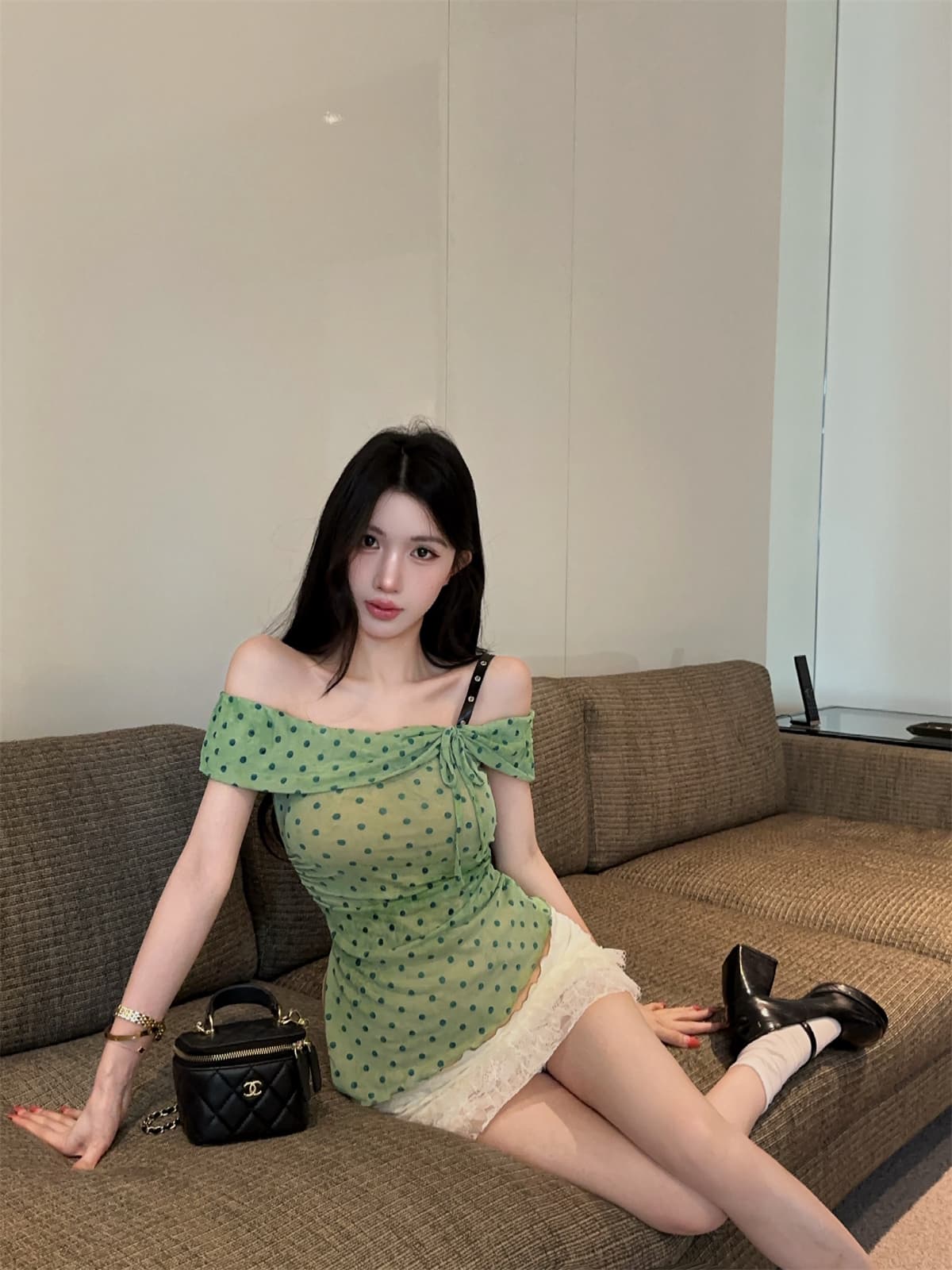 실사 정가 프랑스식 도트 무늬 싸움 가죽 오프숄더 펌프 로프 맨위 레이스 조각 반 스커트 여성 달콤한 매운맛 세트 상세 이미지 6