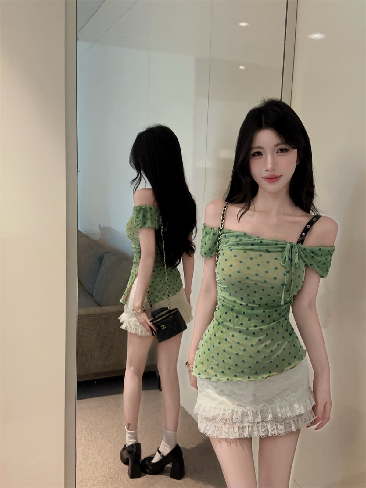 실사 정가 프랑스식 도트 무늬 싸움 가죽 오프숄더 펌프 로프 맨위 레이스 조각 반 스커트 여성 달콤한 매운맛 세트 상세 이미지 7