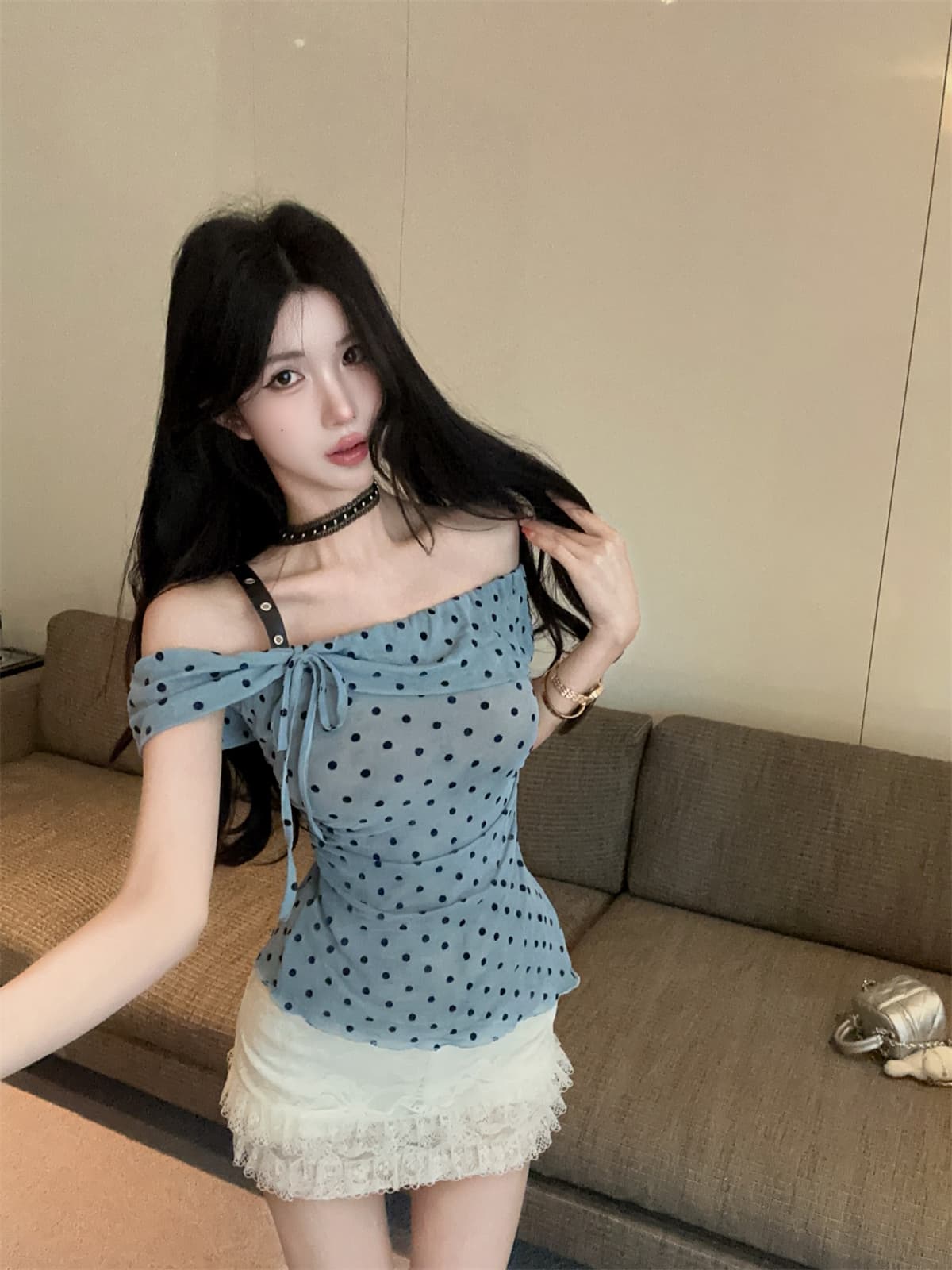 실사 정가 프랑스식 도트 무늬 싸움 가죽 오프숄더 펌프 로프 맨위 레이스 조각 반 스커트 여성 달콤한 매운맛 세트 상세 이미지 11