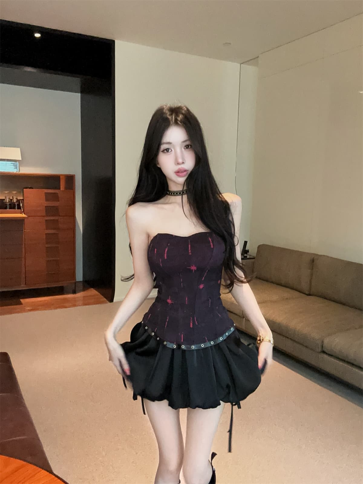 실사 정가 달콤한 차가운 먹물 작은 대중 디자인 센스 싸움 가죽 튜브탑 맨위 A라인 스커트 미니 스커트 세트 여성 여름 상세 이미지 15