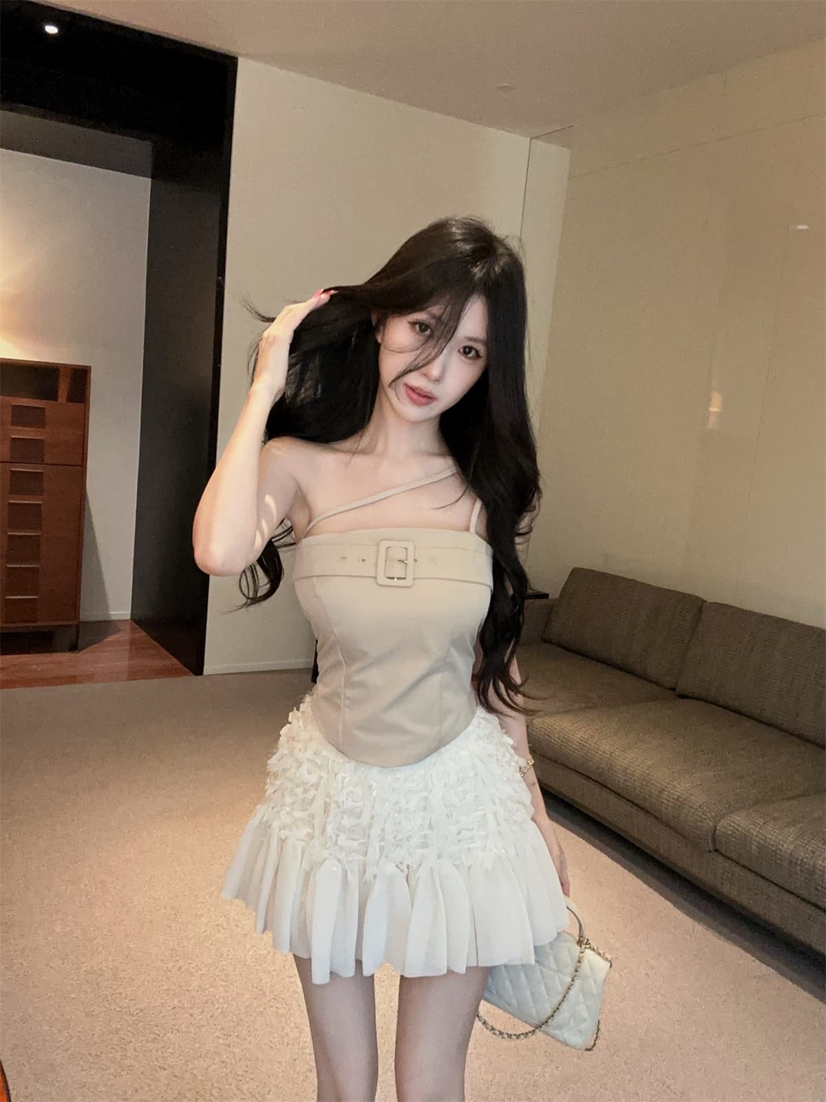 실사 정가 비스듬한 어깨 버클 벨트 슬립 맨위 망사 한 마디 미니 스커트 달콤한 매운맛 세트 여성 가을 세트 상세 이미지 4