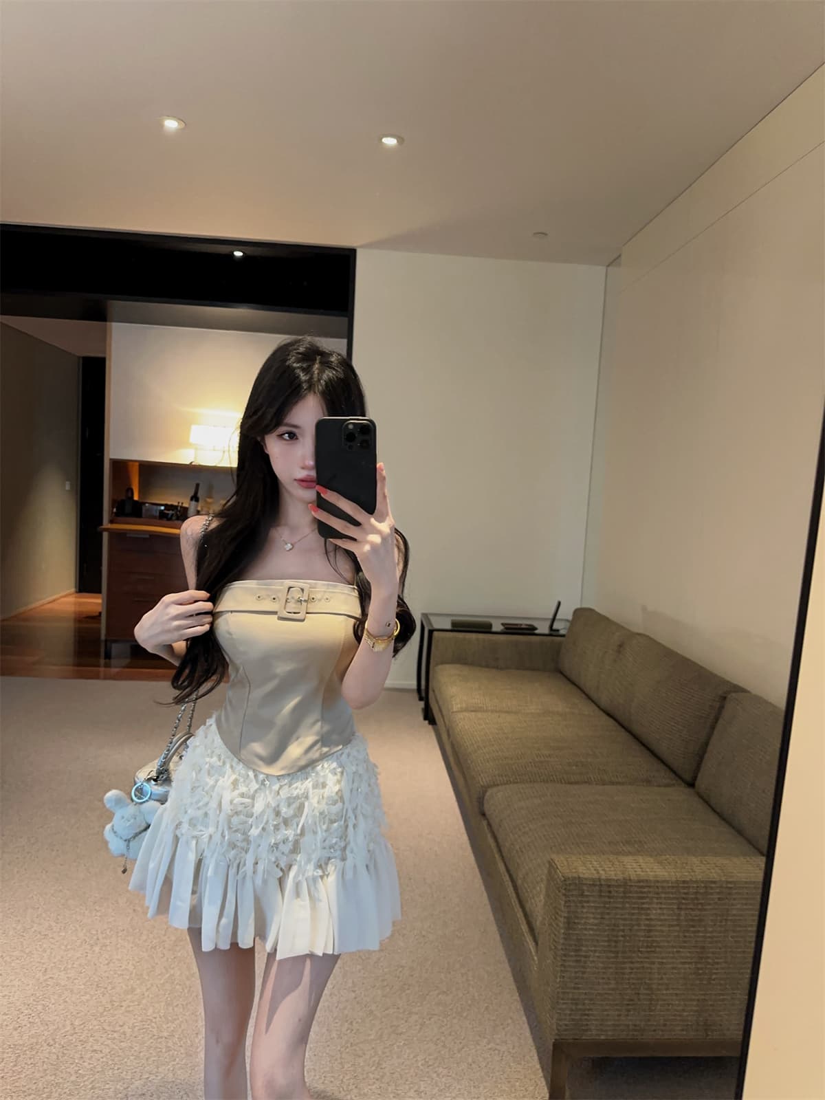 실사 정가 비스듬한 어깨 버클 벨트 슬립 맨위 망사 한 마디 미니 스커트 달콤한 매운맛 세트 여성 가을 세트 상세 이미지 16