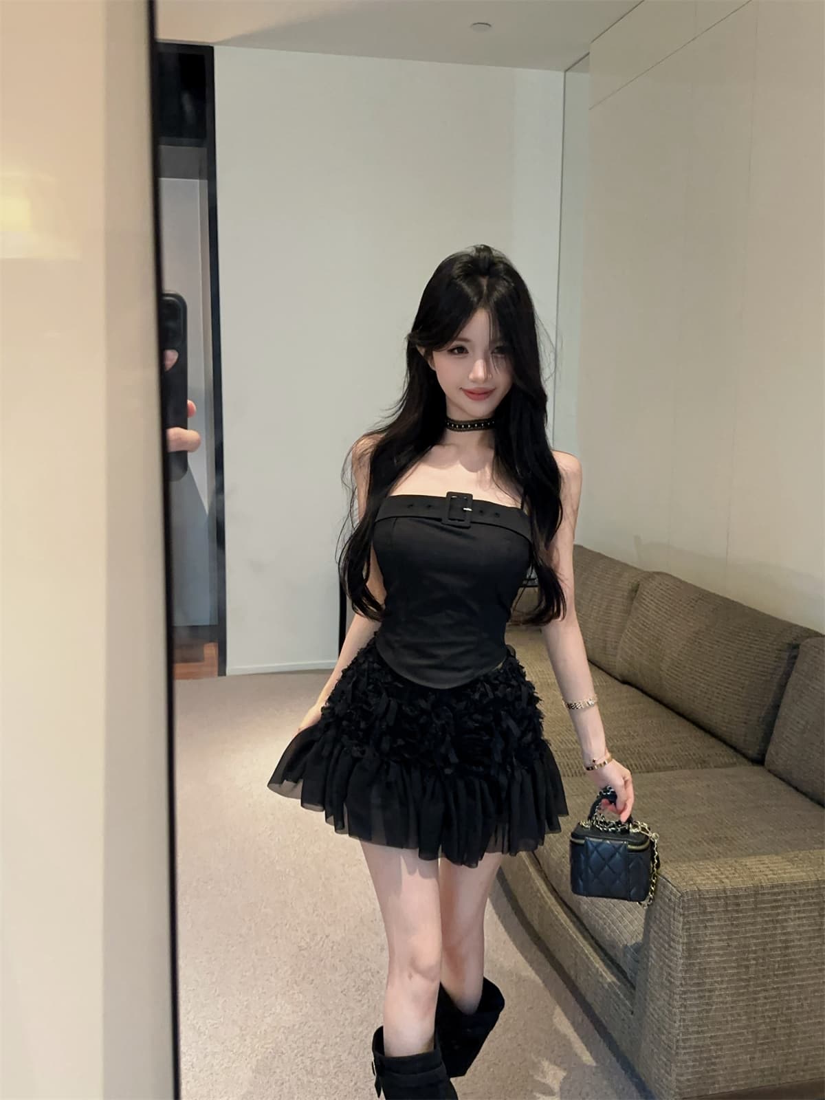 실사 정가 비스듬한 어깨 버클 벨트 슬립 맨위 망사 한 마디 미니 스커트 달콤한 매운맛 세트 여성 가을 세트 상세 이미지 18